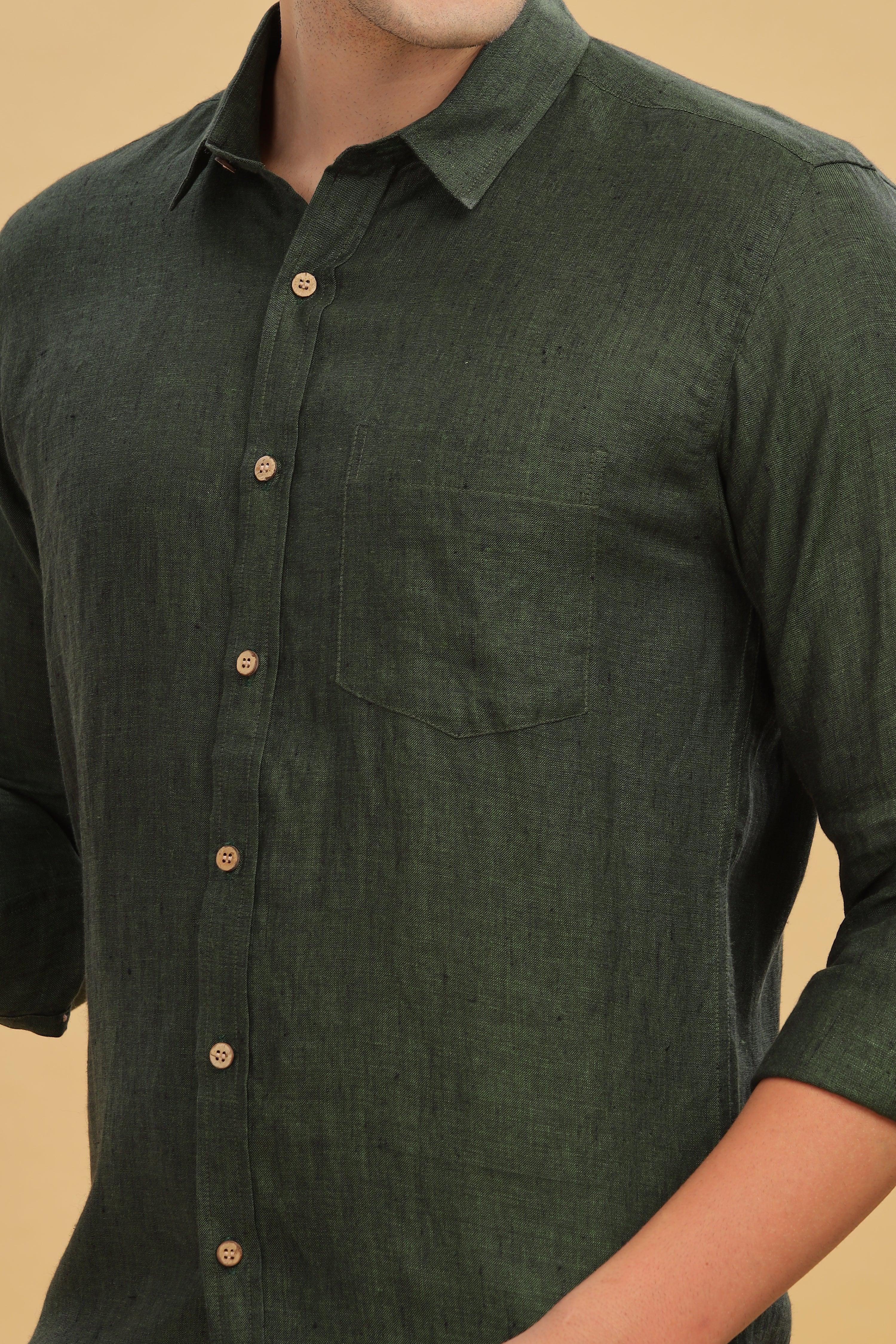 MARK Long Sleeves -100% Pure Linen Regular Collar Dark Green Chambray Shirt