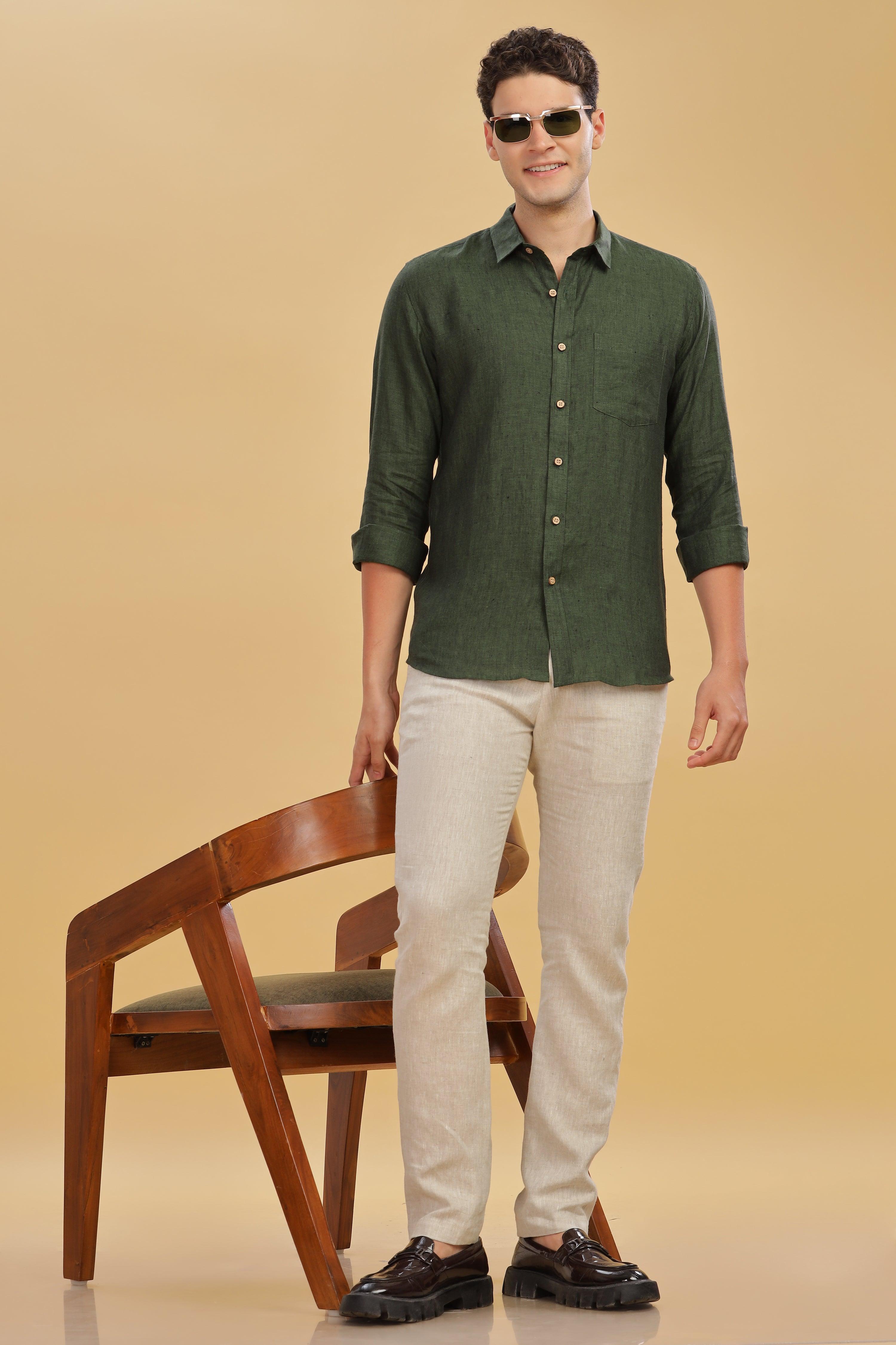 MARK Long Sleeves -100% Pure Linen Regular Collar Dark Green Chambray Shirt