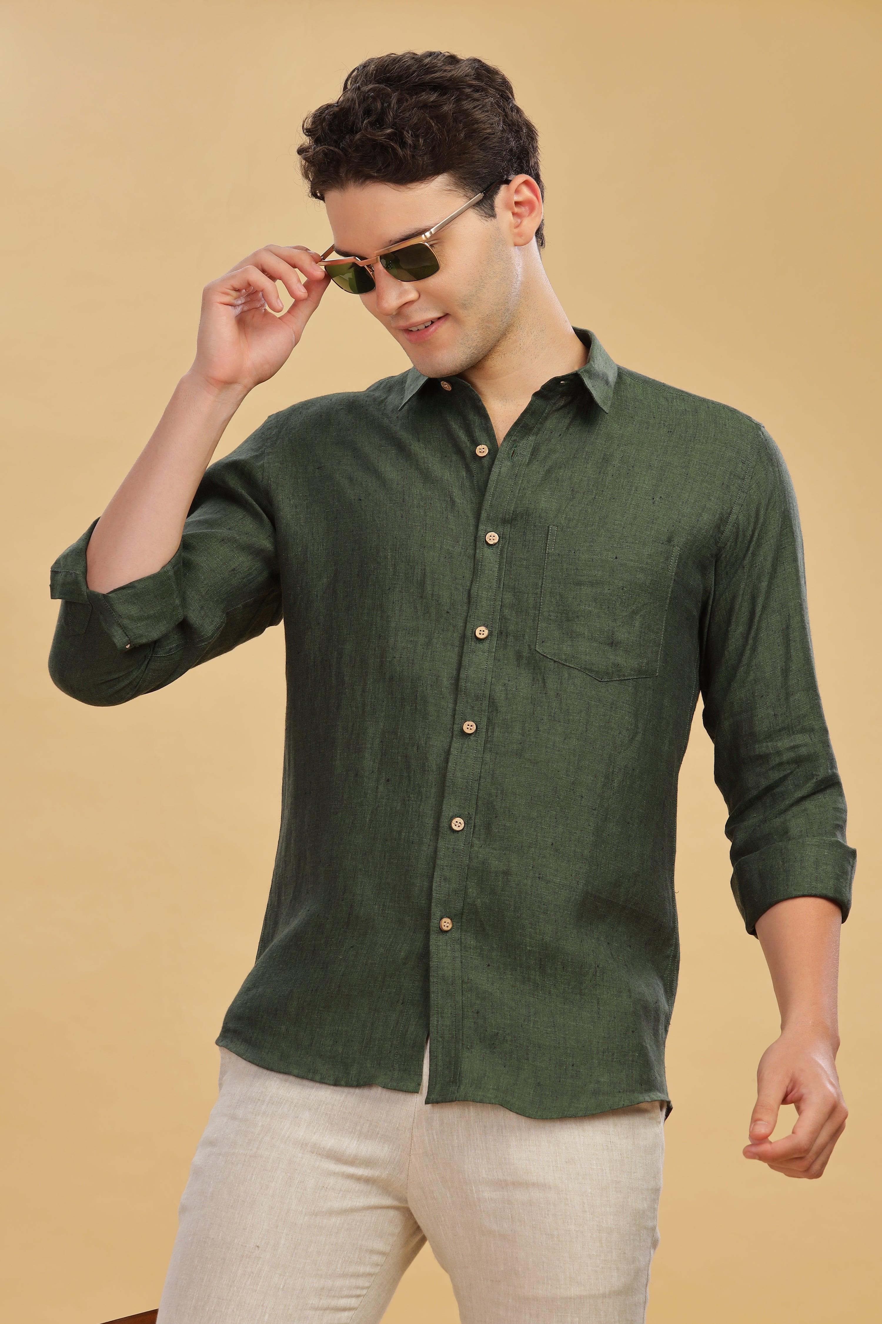 MARK Long Sleeves -100% Pure Linen Regular Collar Dark Green Chambray Shirt