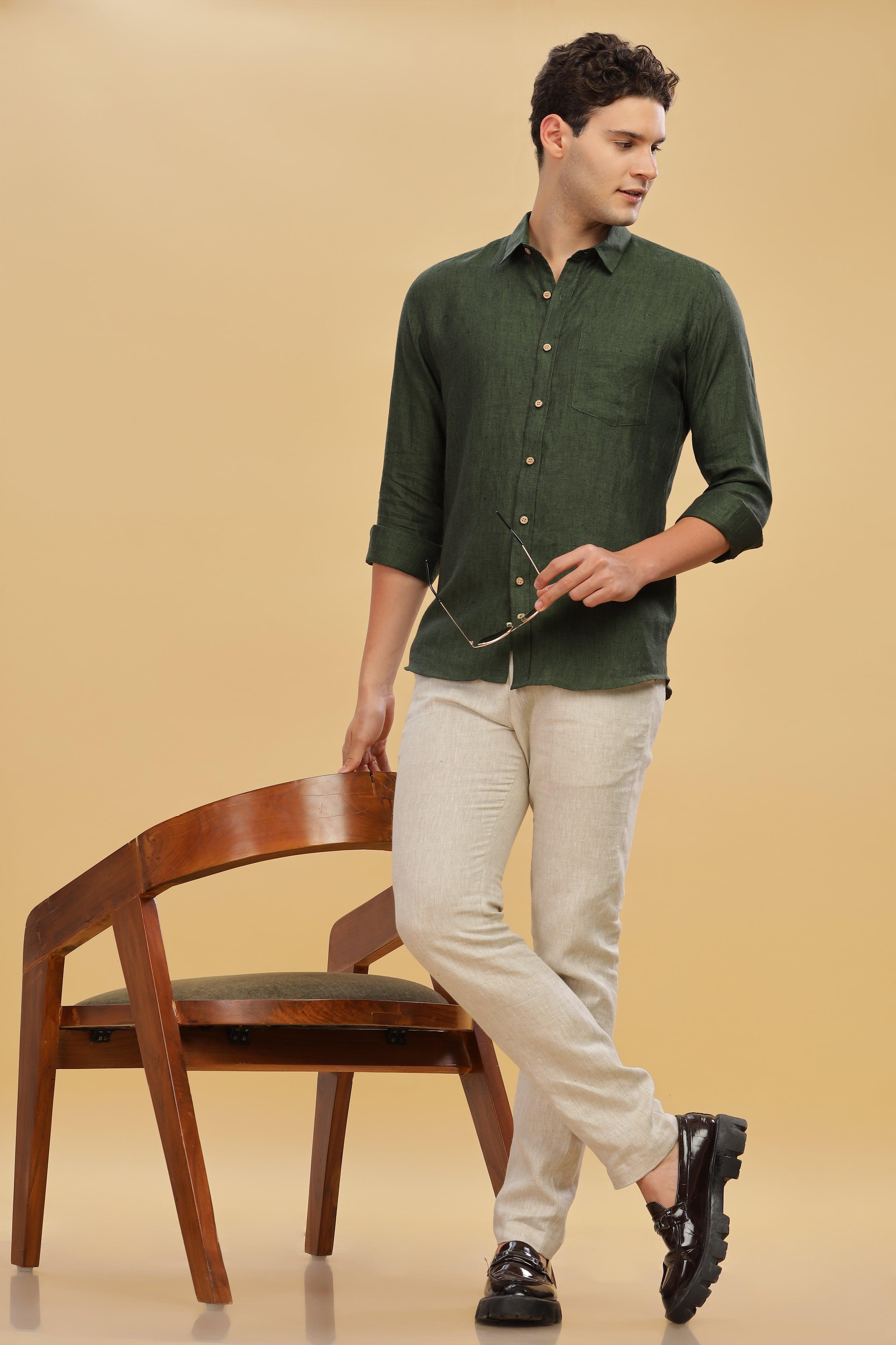 MARK Long Sleeves -100% Pure Linen Regular Collar Dark Green Chambray Shirt