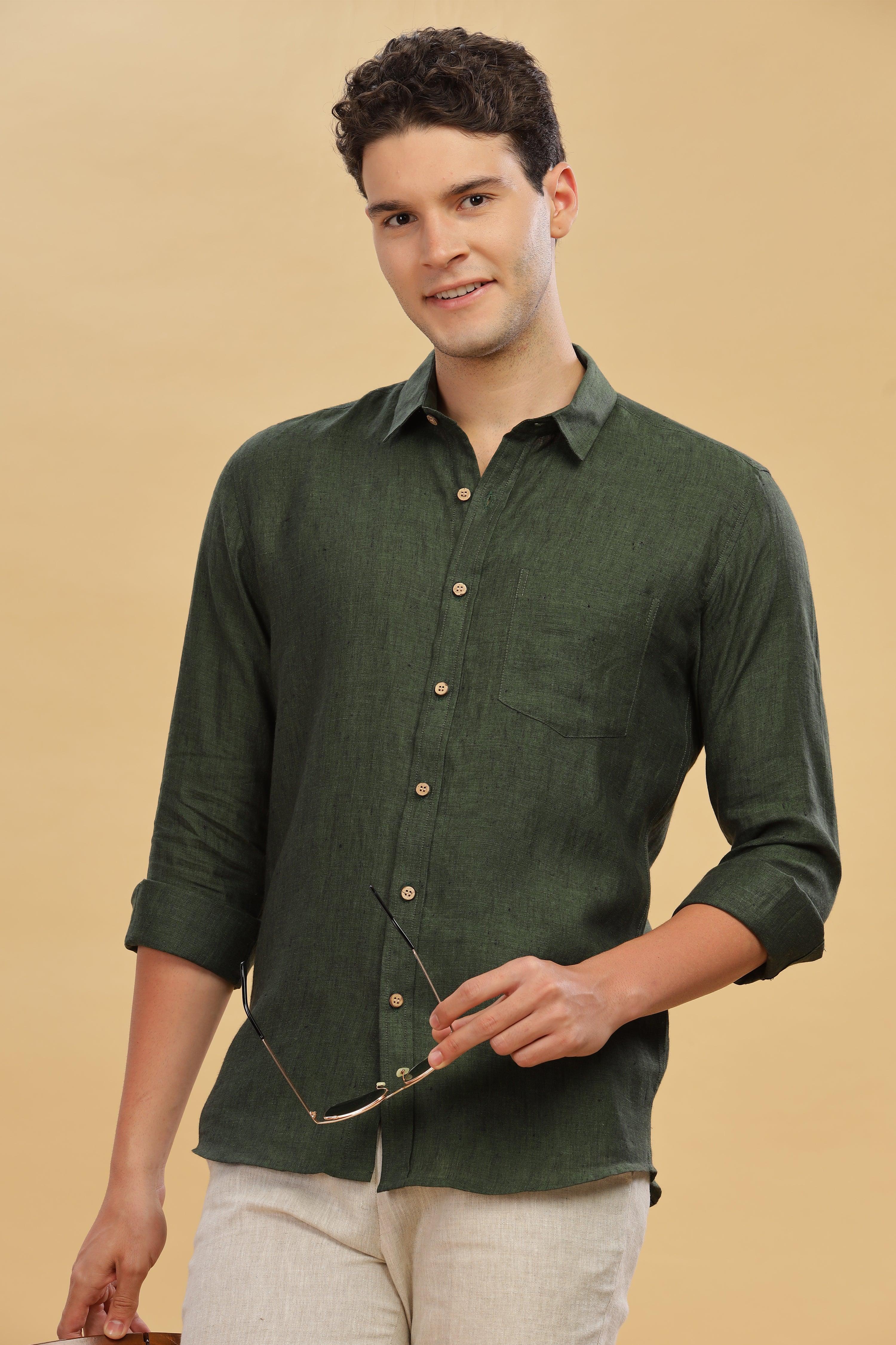 MARK Long Sleeves -100% Pure Linen Regular Collar Dark Green Chambray Shirt