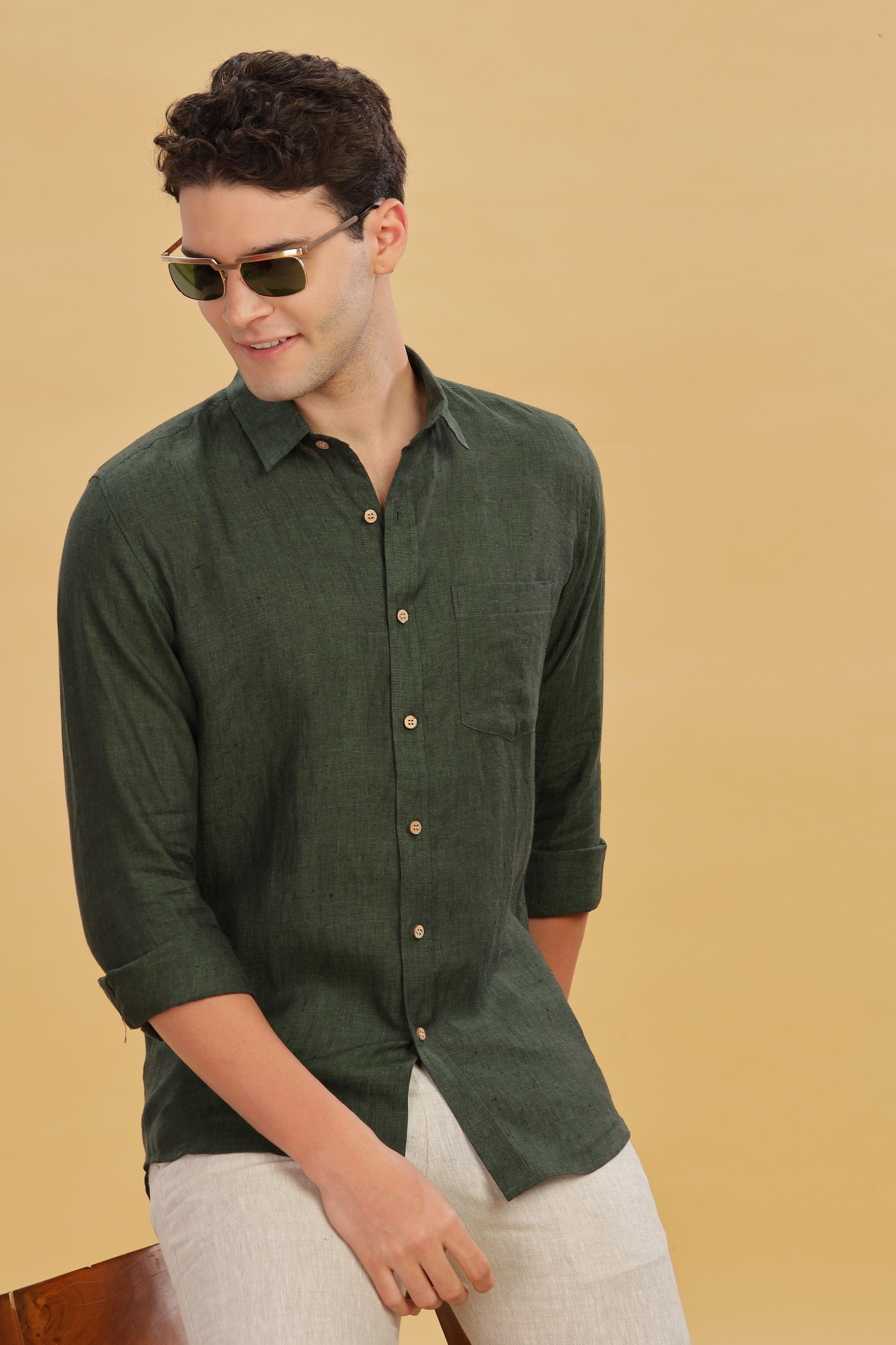 MARK Long Sleeves -100% Pure Linen Regular Collar Dark Green Chambray Shirt