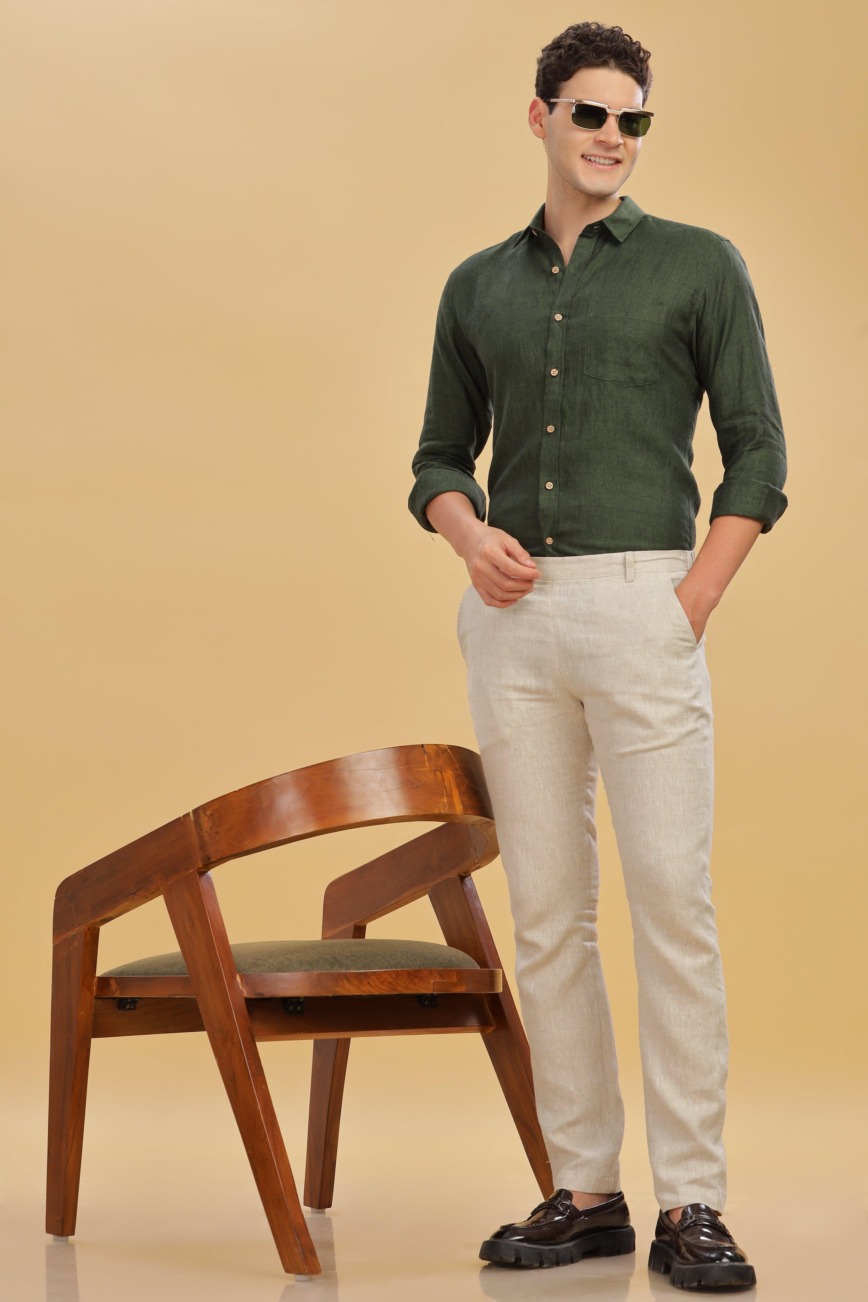 MARK Long Sleeves -100% Pure Linen Regular Collar Dark Green Chambray Shirt