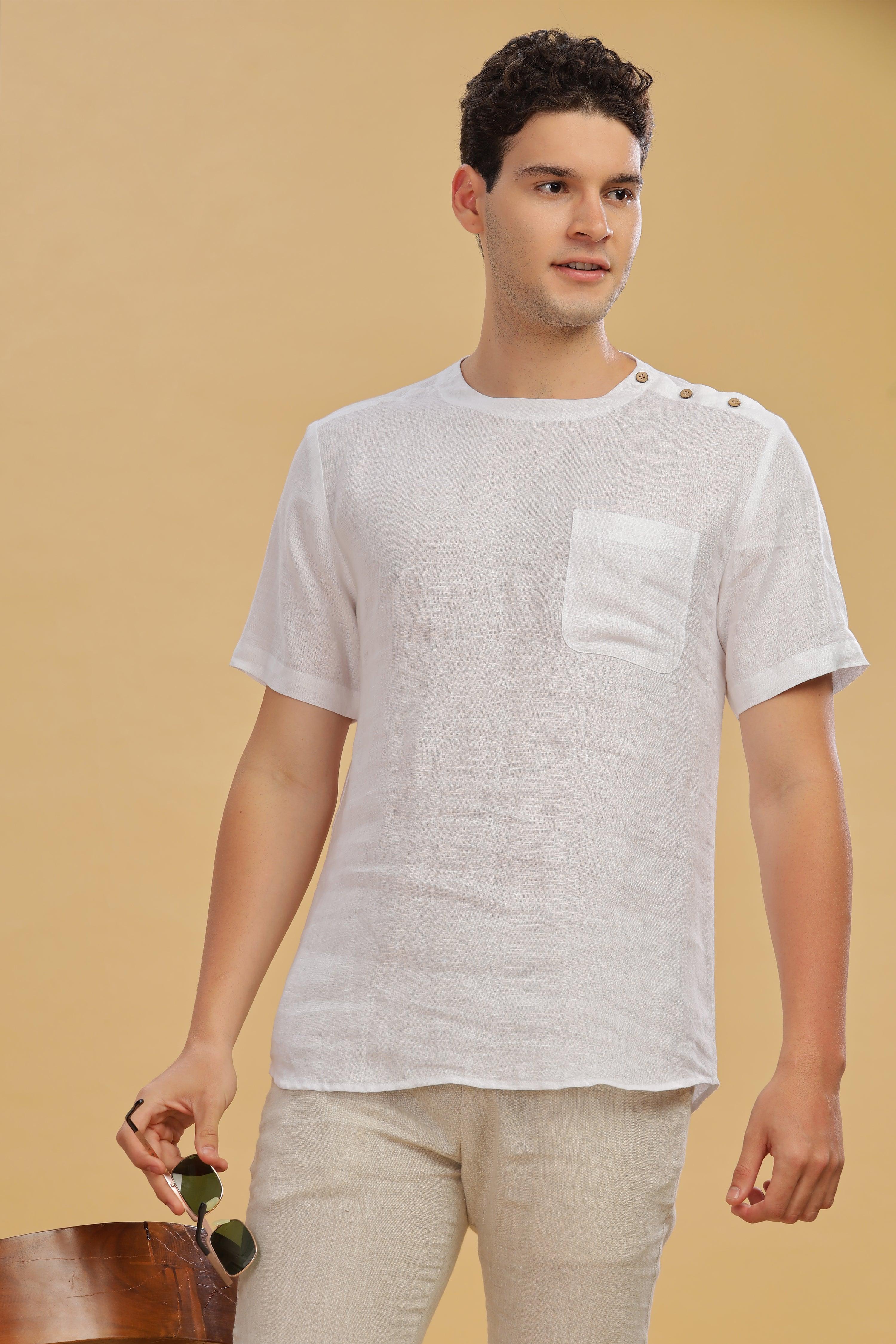 RITZ - Elegance In Simplicity - Pure Linen White T-Shirt With Shoulder Buttons