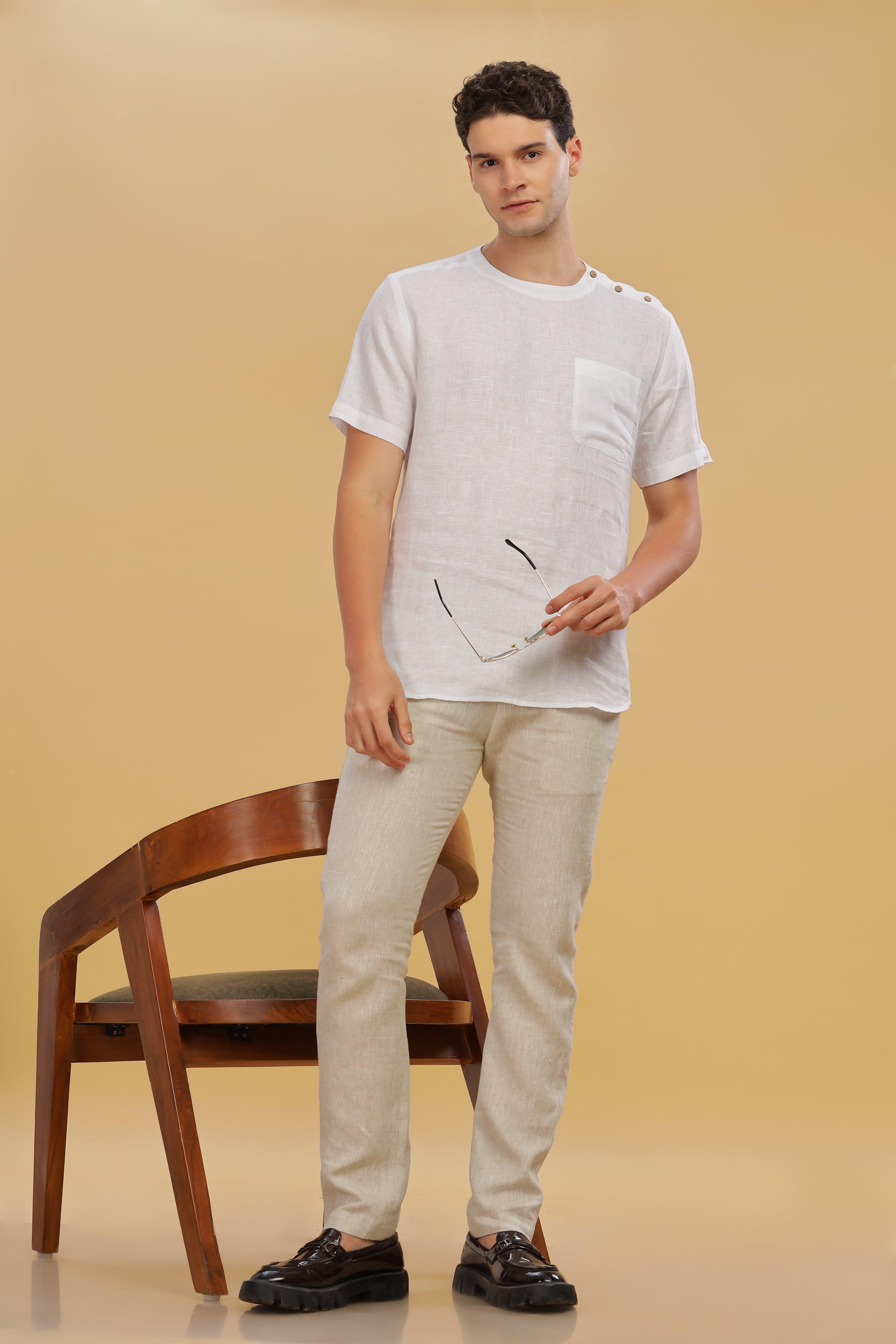 RITZ - Elegance In Simplicity - Pure Linen White T-Shirt With Shoulder Buttons