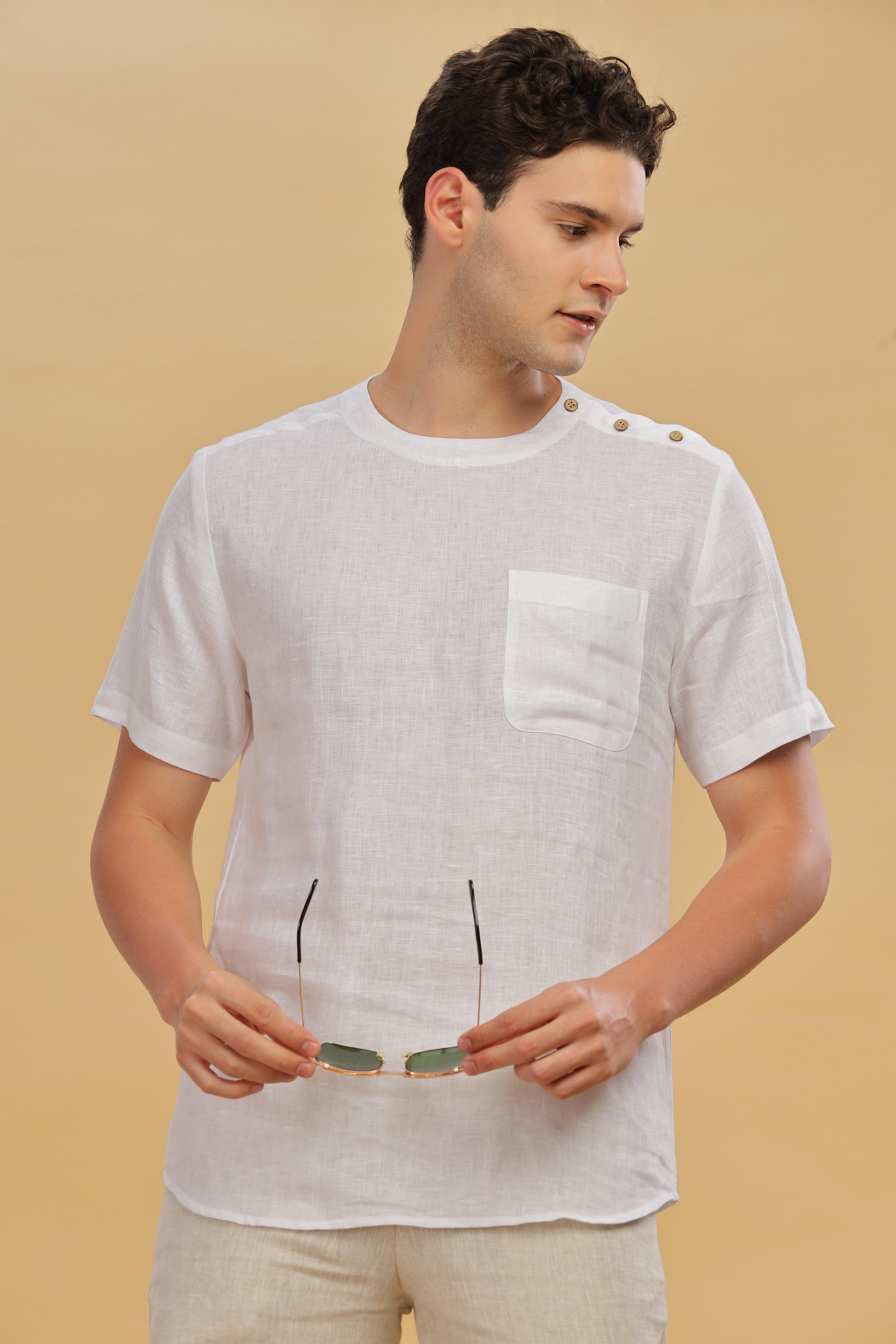 RITZ - Elegance In Simplicity - Pure Linen White T-Shirt With Shoulder Buttons