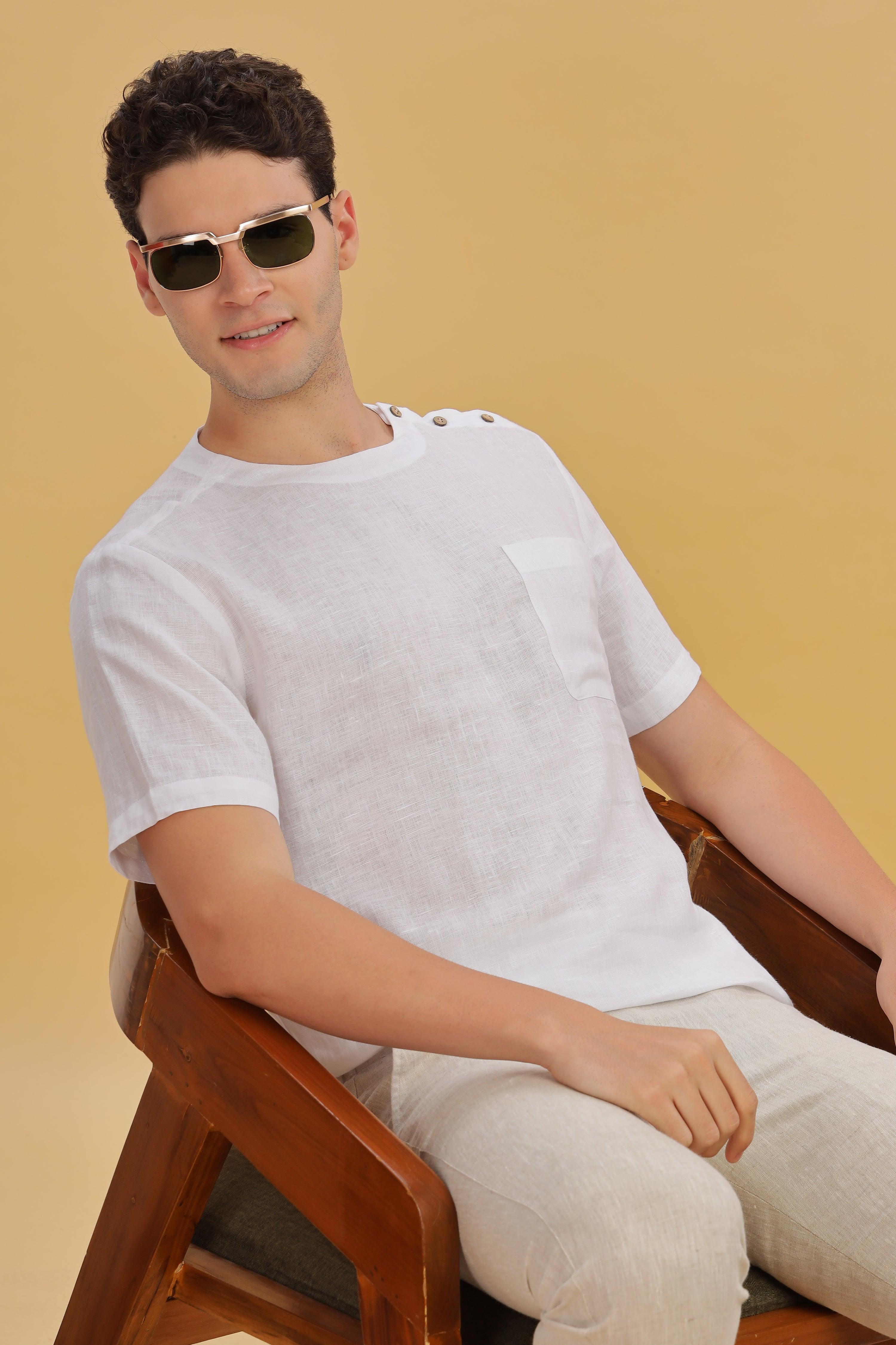 RITZ - Elegance In Simplicity - Pure Linen White T-Shirt With Shoulder Buttons