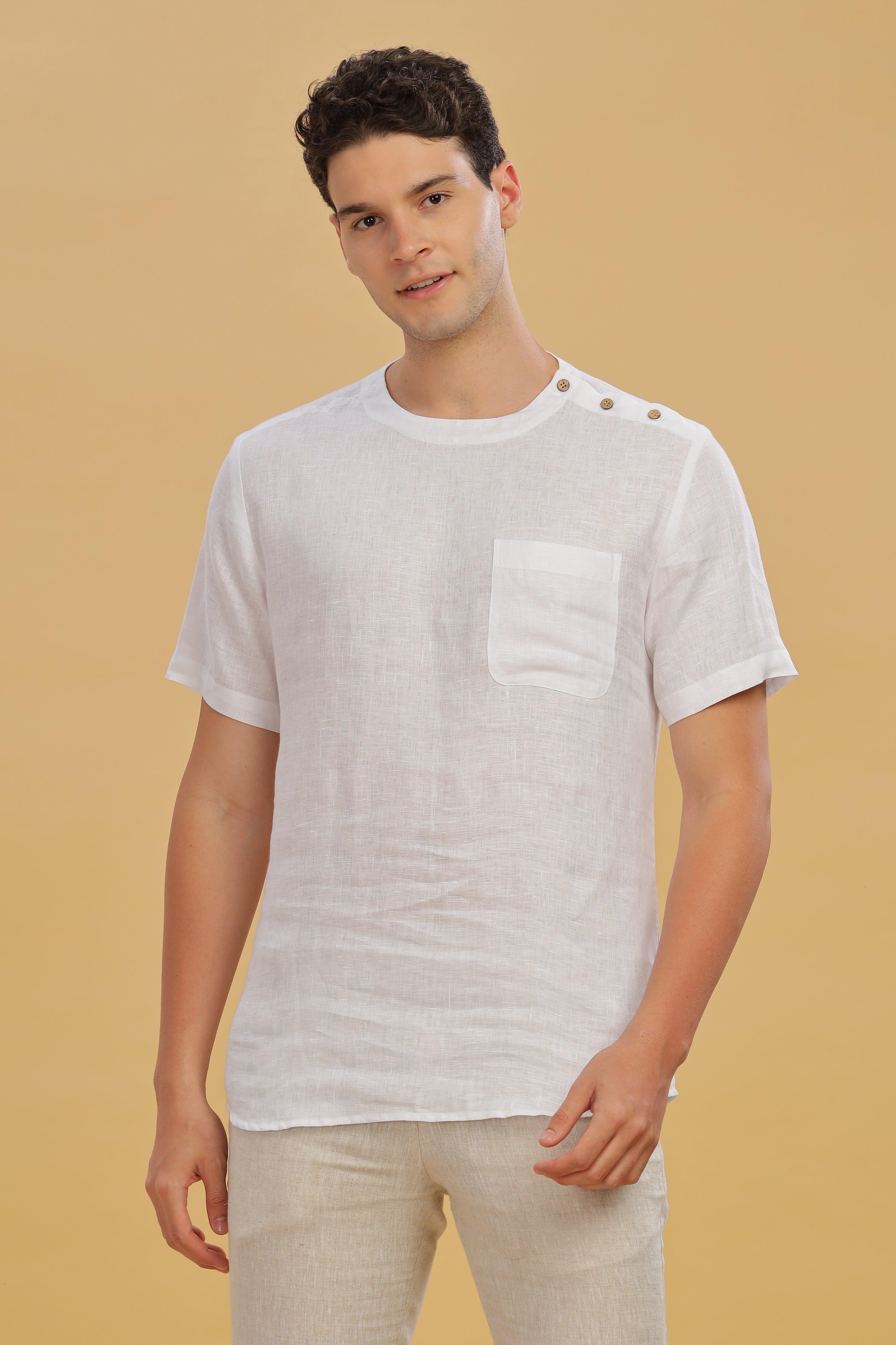 RITZ - Elegance In Simplicity - Pure Linen White T-Shirt With Shoulder Buttons