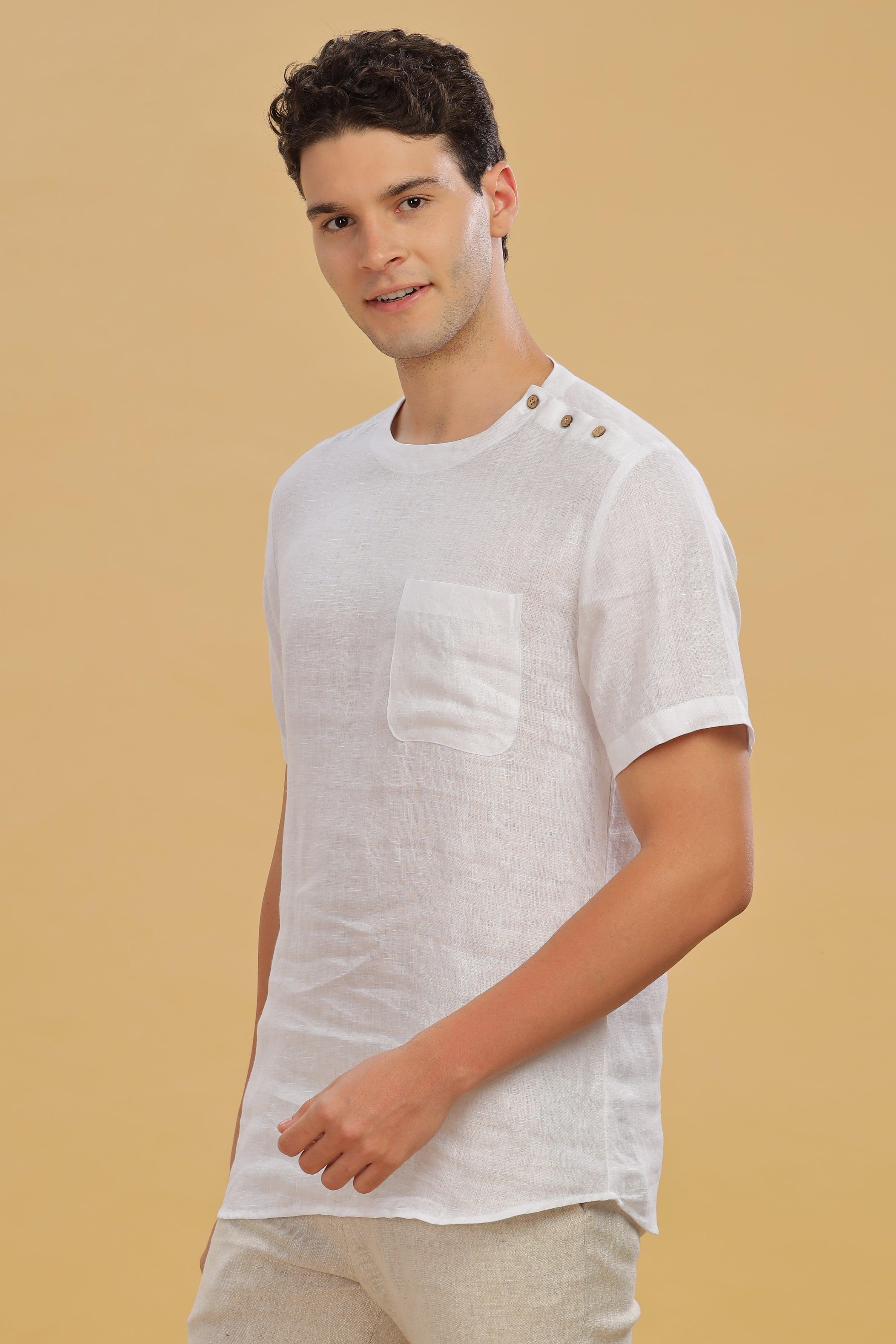 RITZ - Elegance In Simplicity - Pure Linen White T-Shirt With Shoulder Buttons