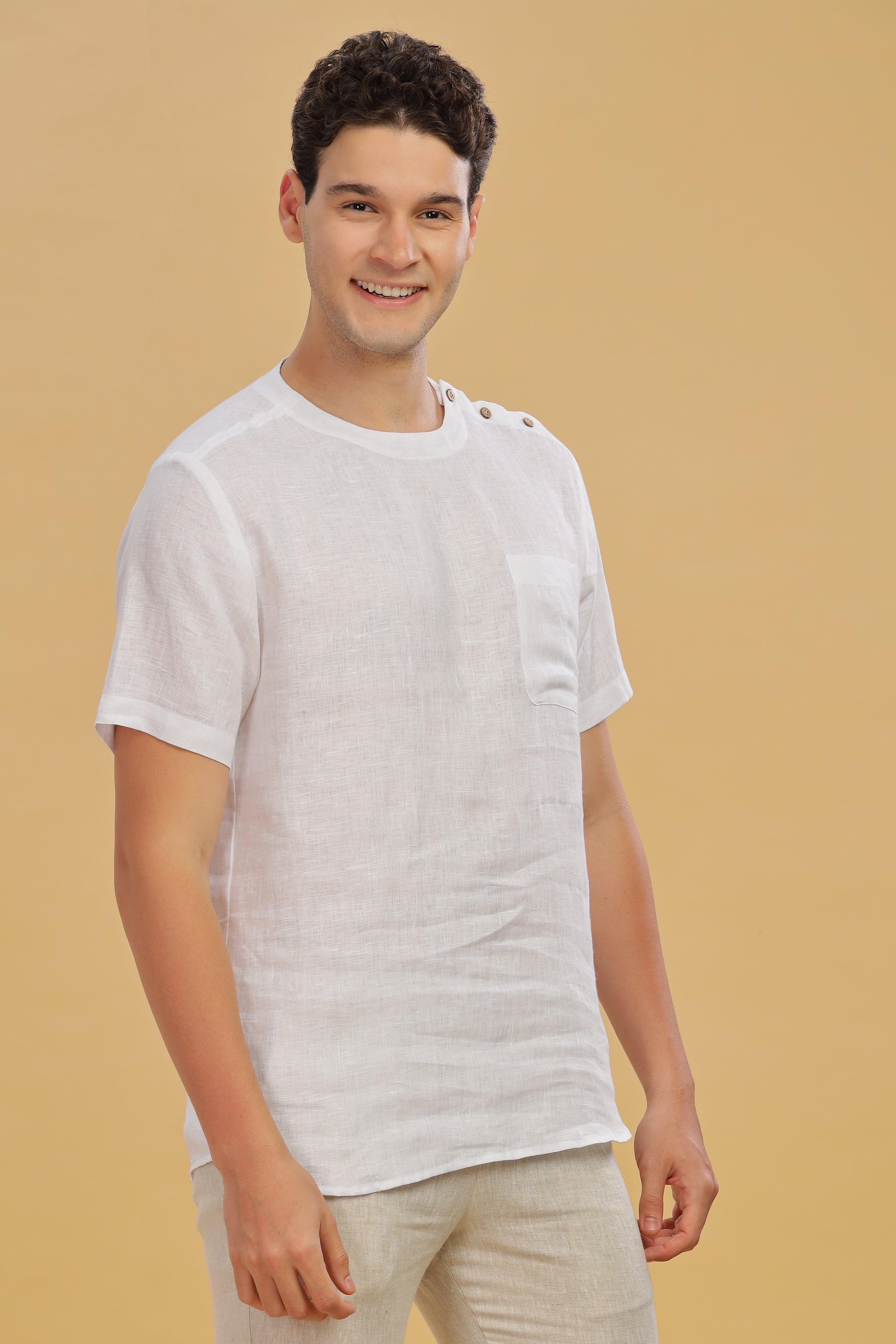 RITZ - Elegance In Simplicity - Pure Linen White T-Shirt With Shoulder Buttons