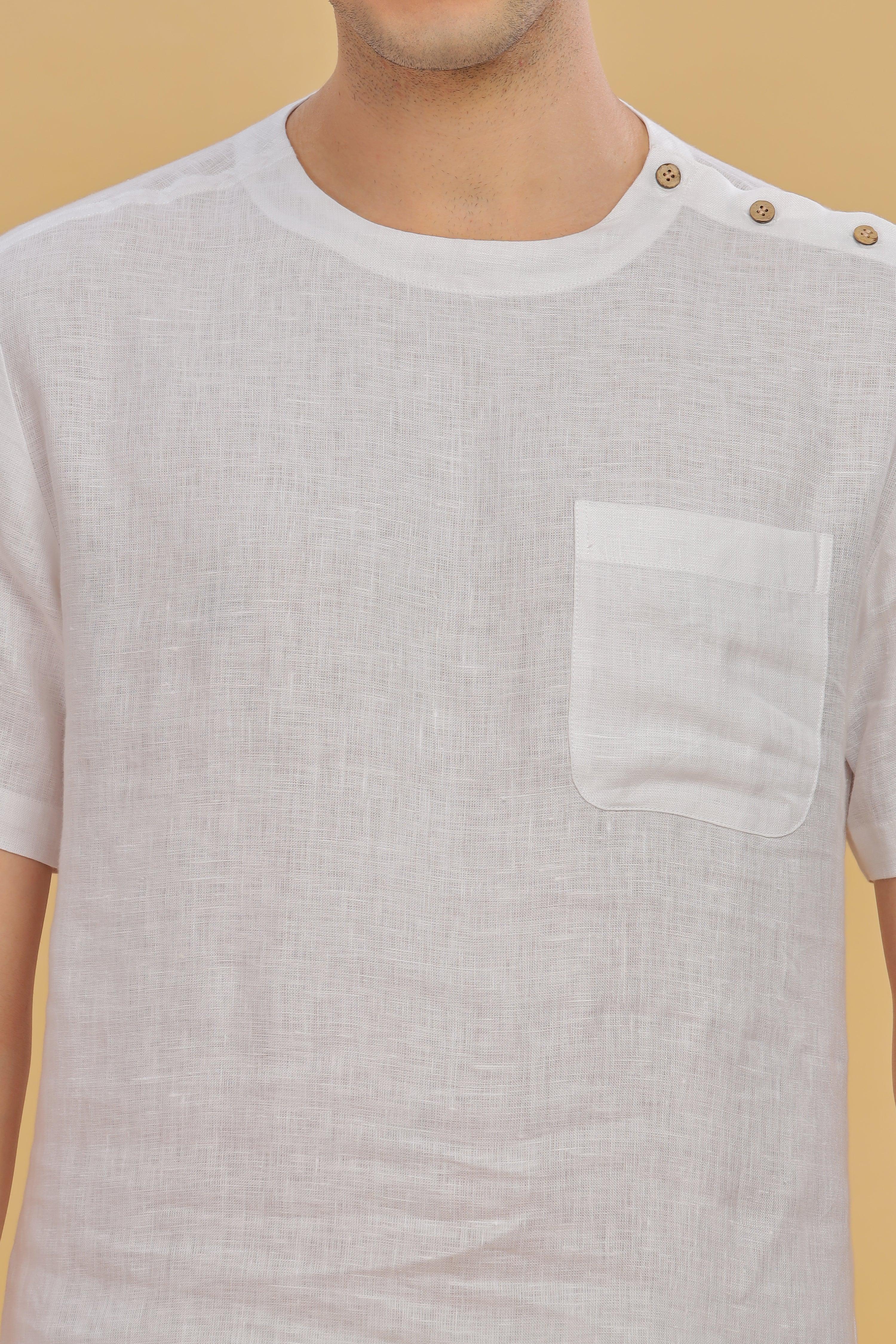 RITZ - Elegance In Simplicity - Pure Linen White T-Shirt With Shoulder Buttons