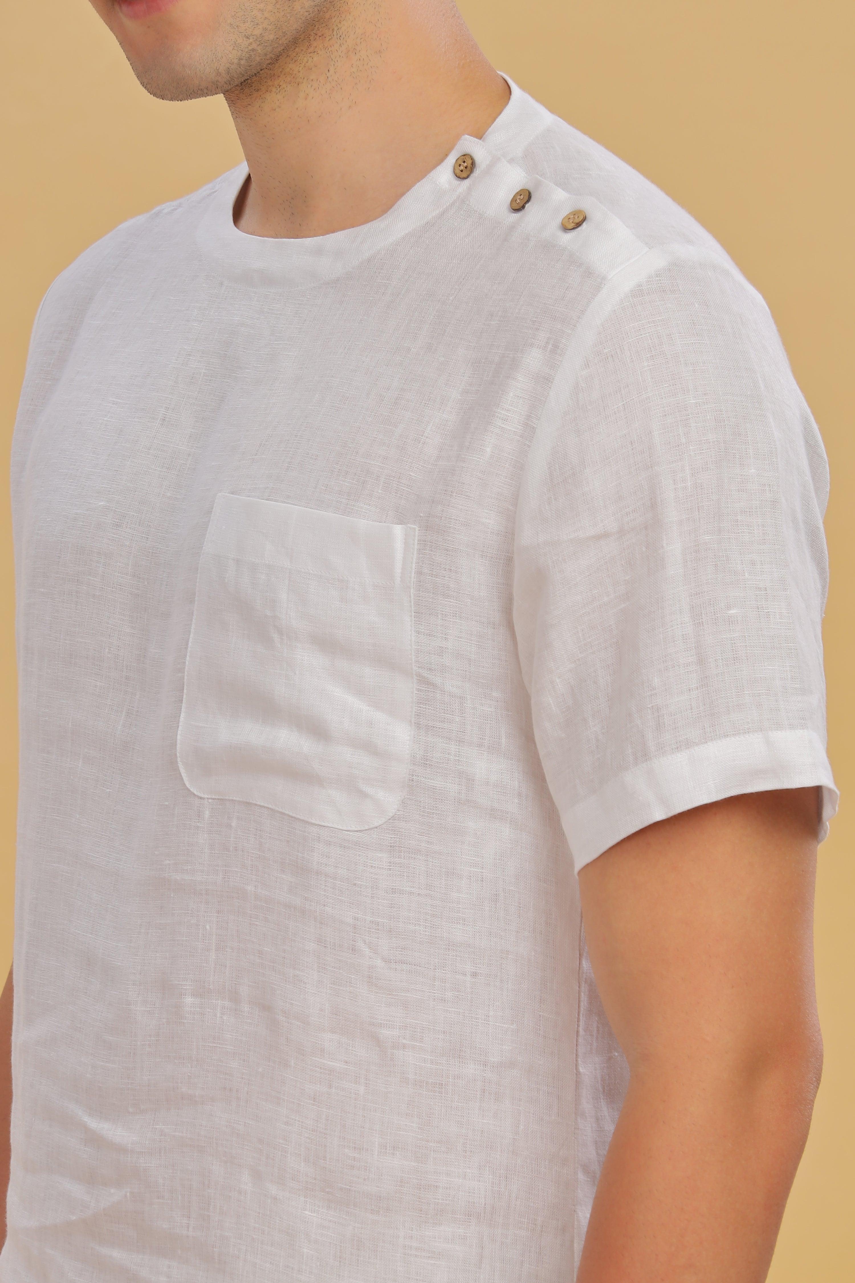 RITZ - Elegance In Simplicity - Pure Linen White T-Shirt With Shoulder Buttons