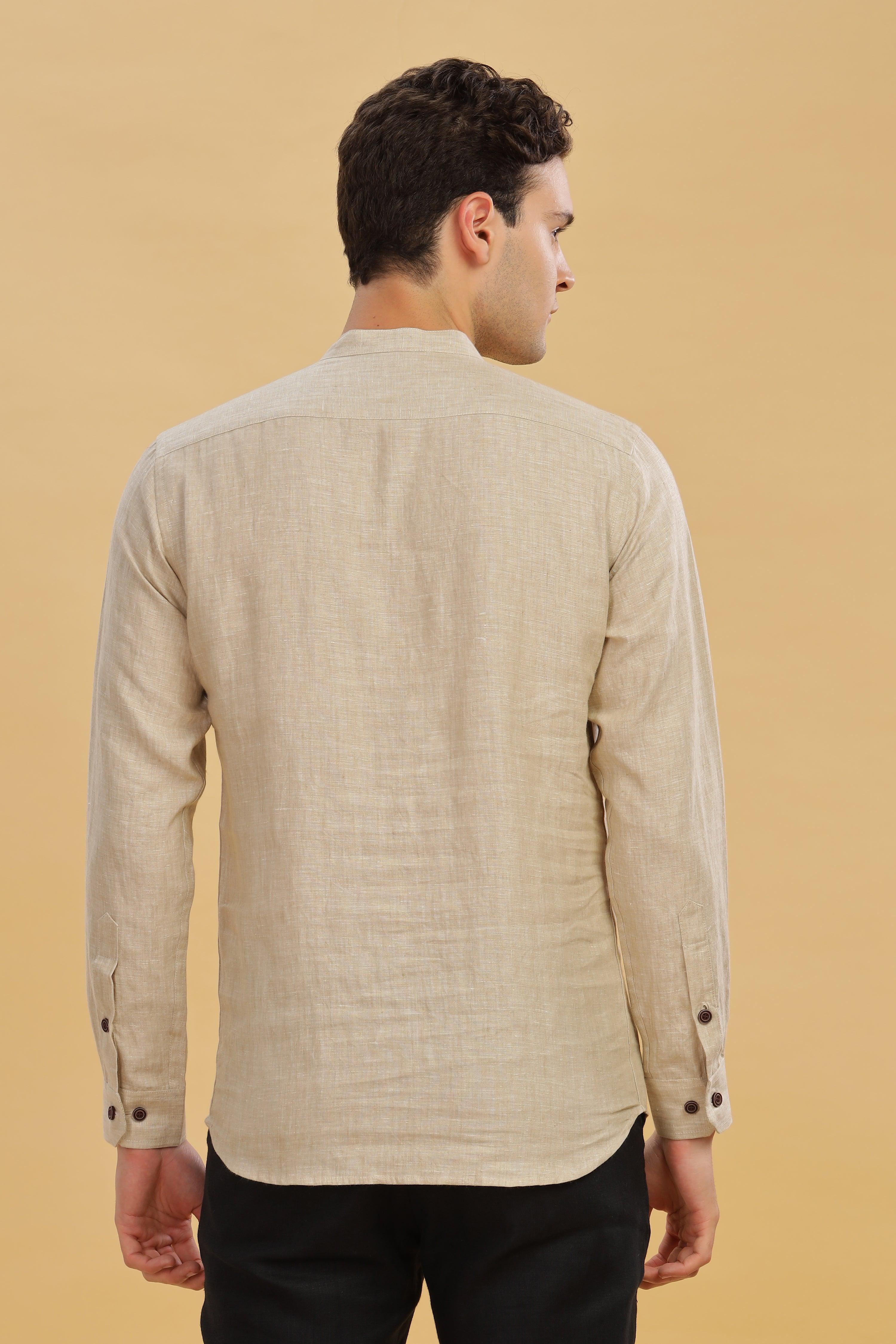 NILE Long Sleeves - 100% Pure Linen Half Placket Latte Shirt
