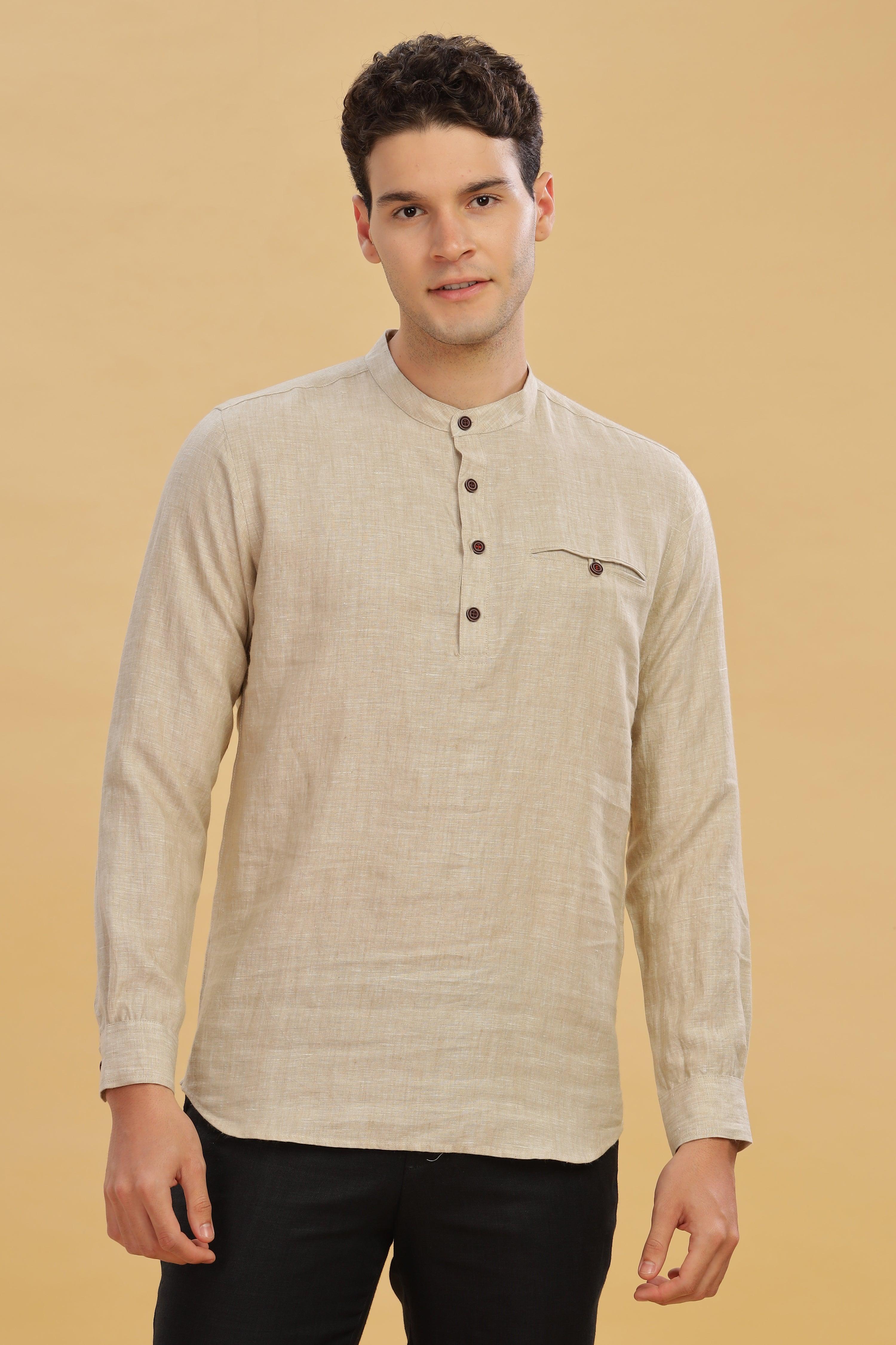 NILE Long Sleeves - 100% Pure Linen Half Placket Latte Shirt