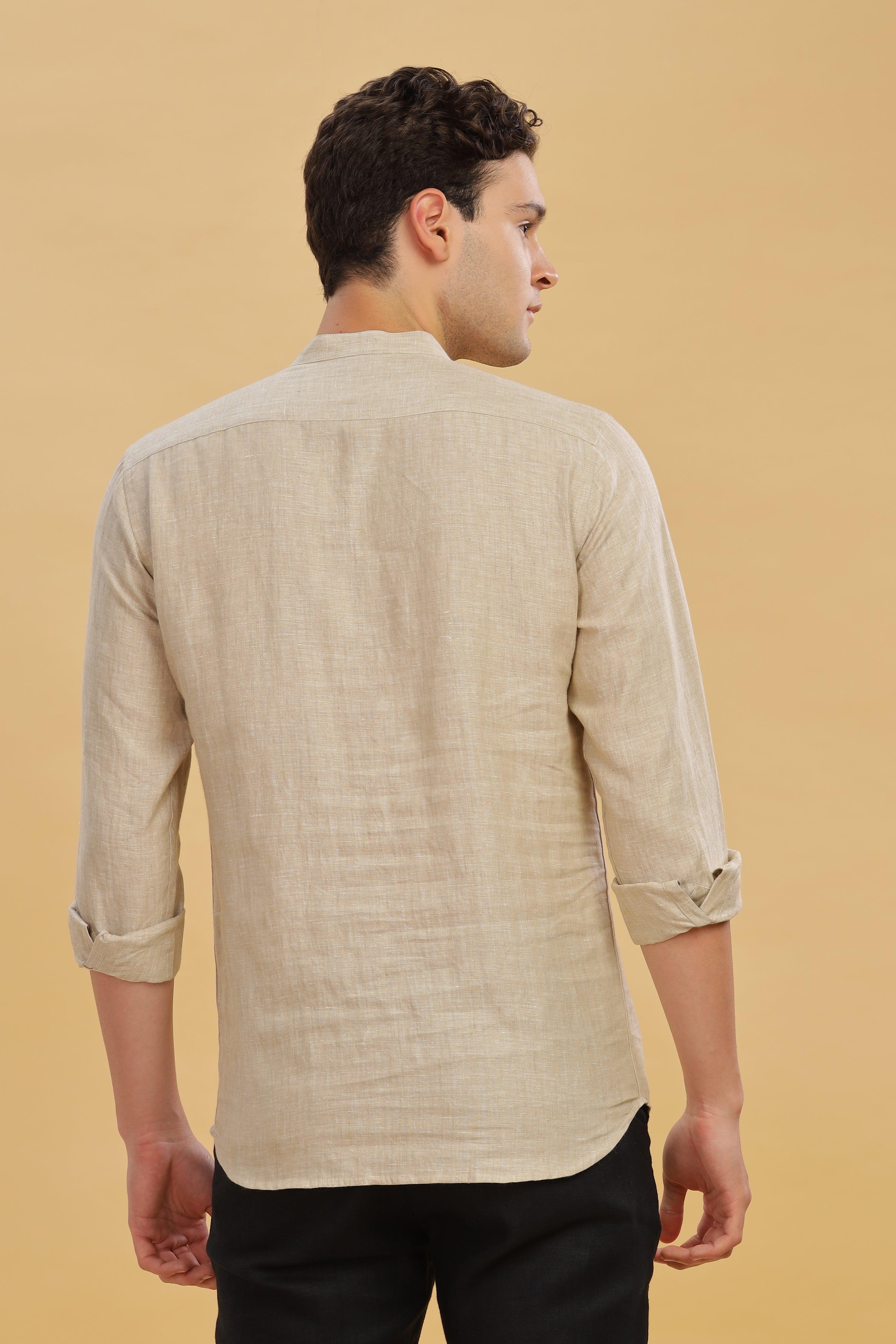 NILE Long Sleeves - 100% Pure Linen Half Placket Latte Shirt