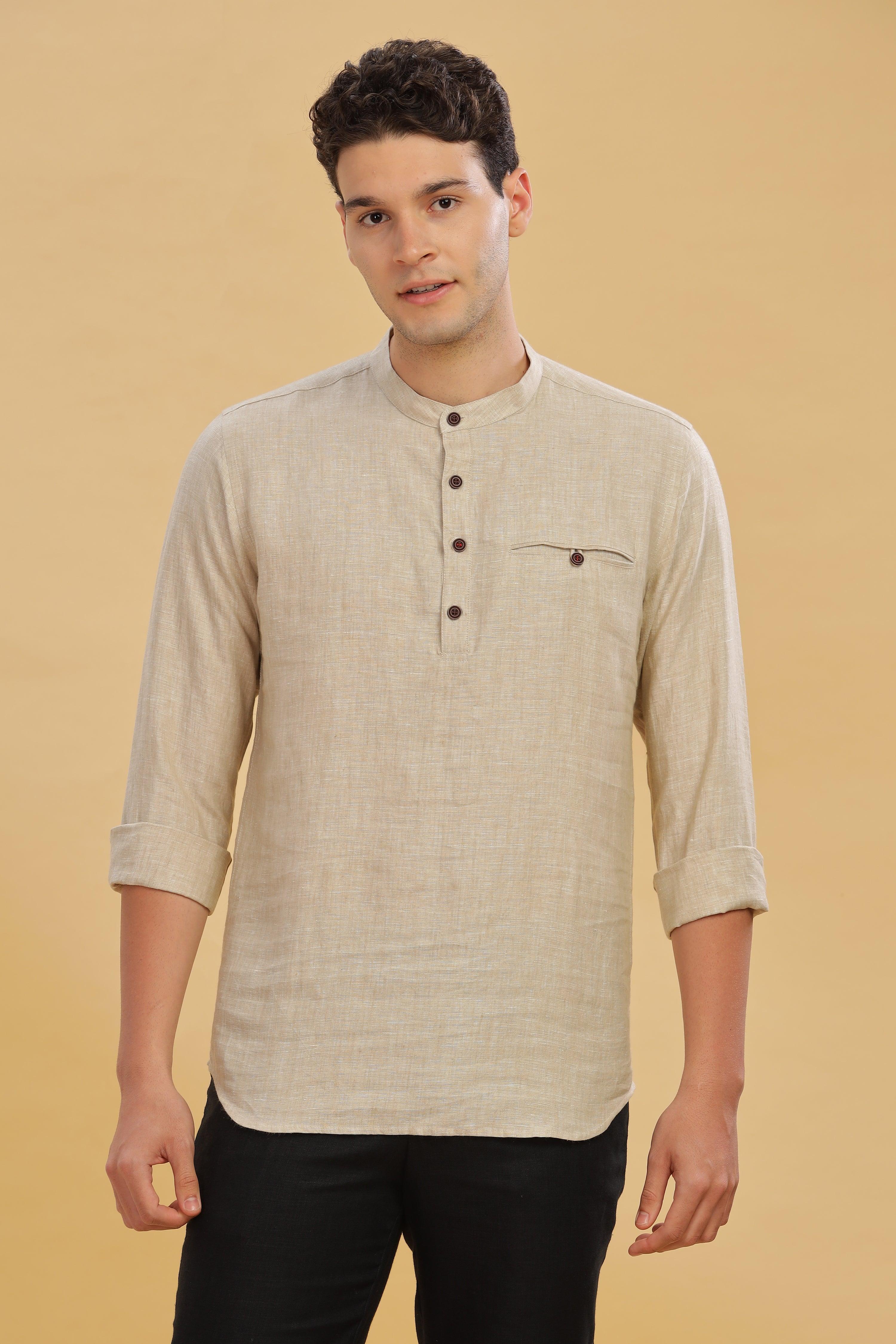 NILE Long Sleeves - 100% Pure Linen Half Placket Latte Shirt