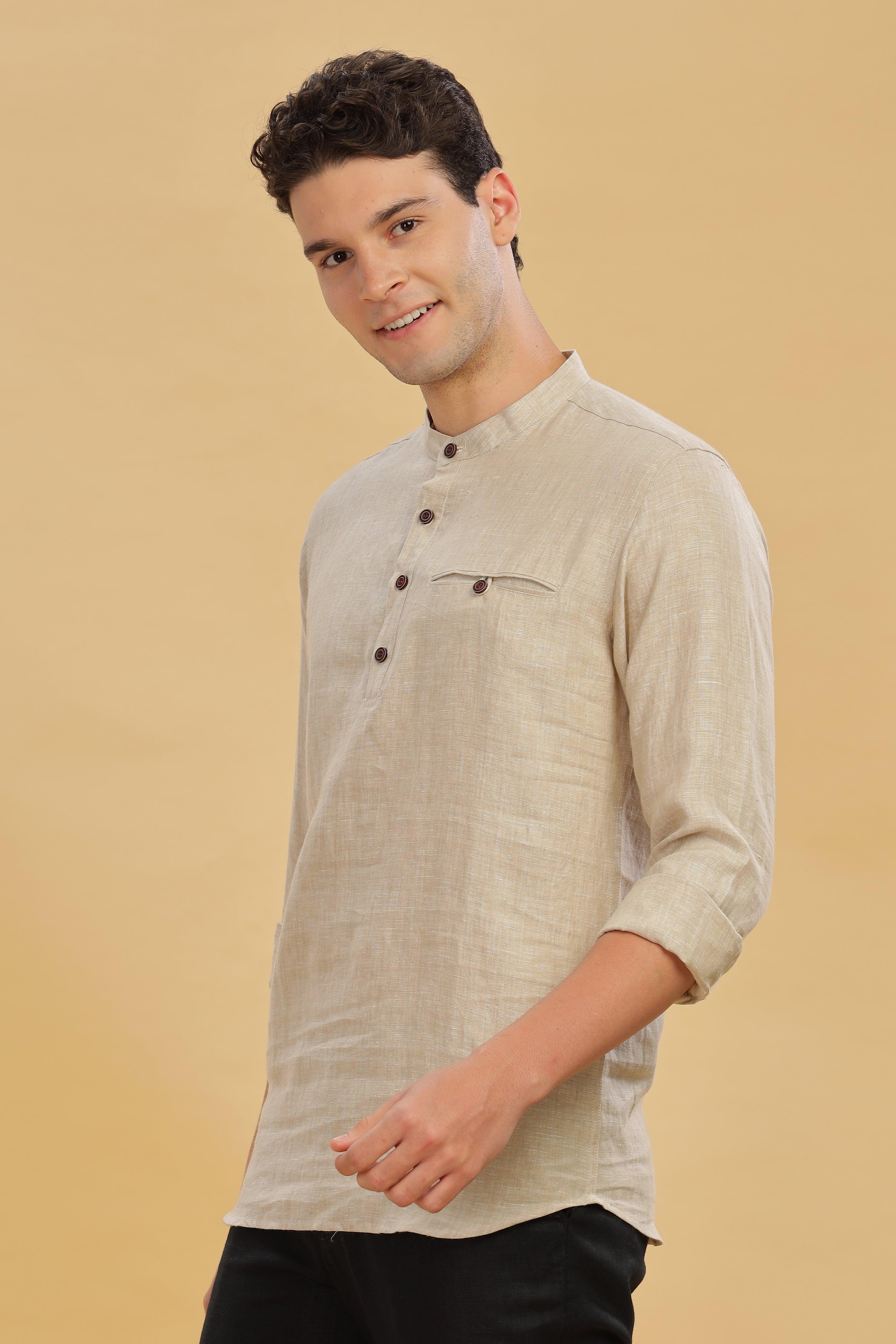 NILE Long Sleeves - 100% Pure Linen Half Placket Latte Shirt