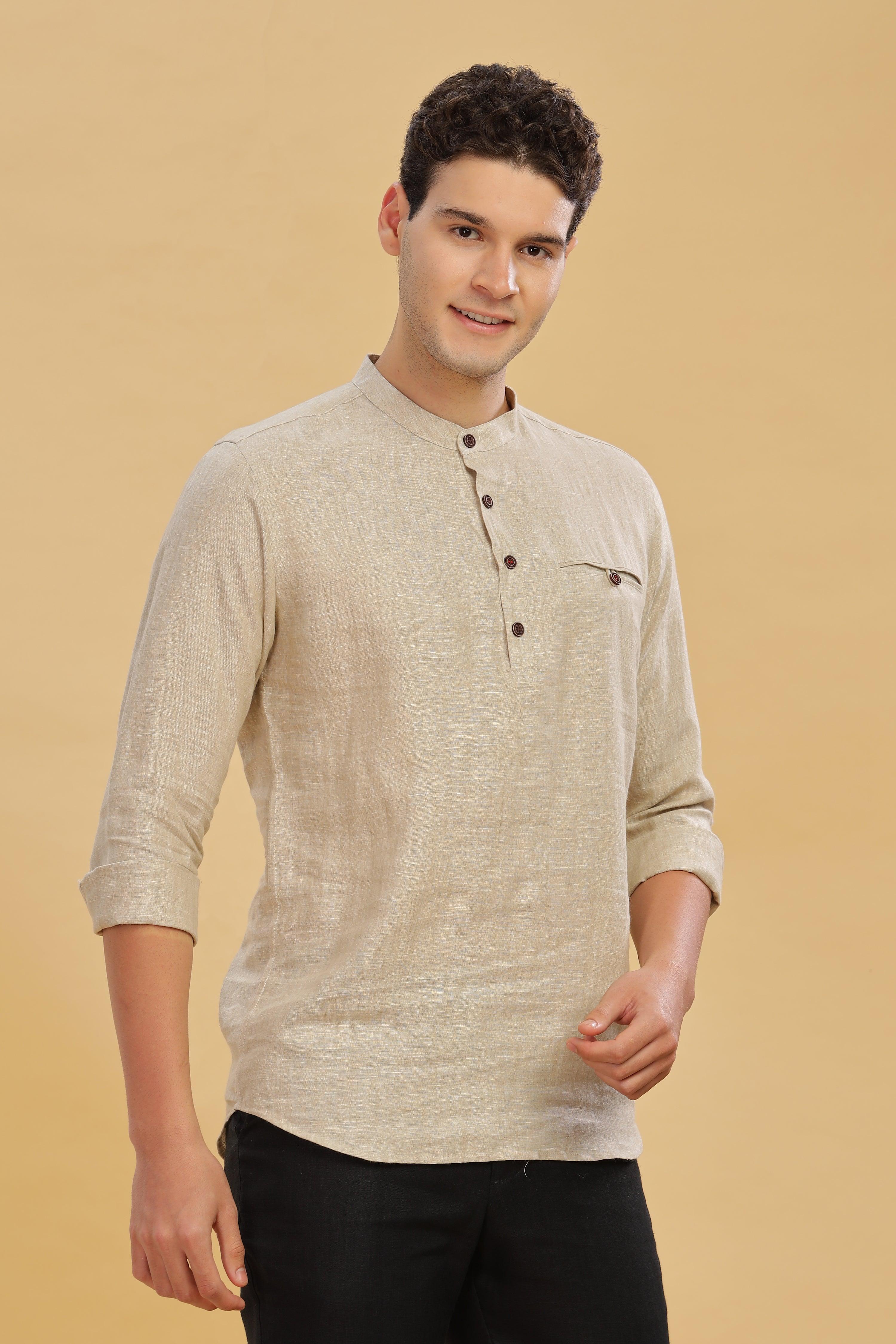 NILE Long Sleeves - 100% Pure Linen Half Placket Latte Shirt