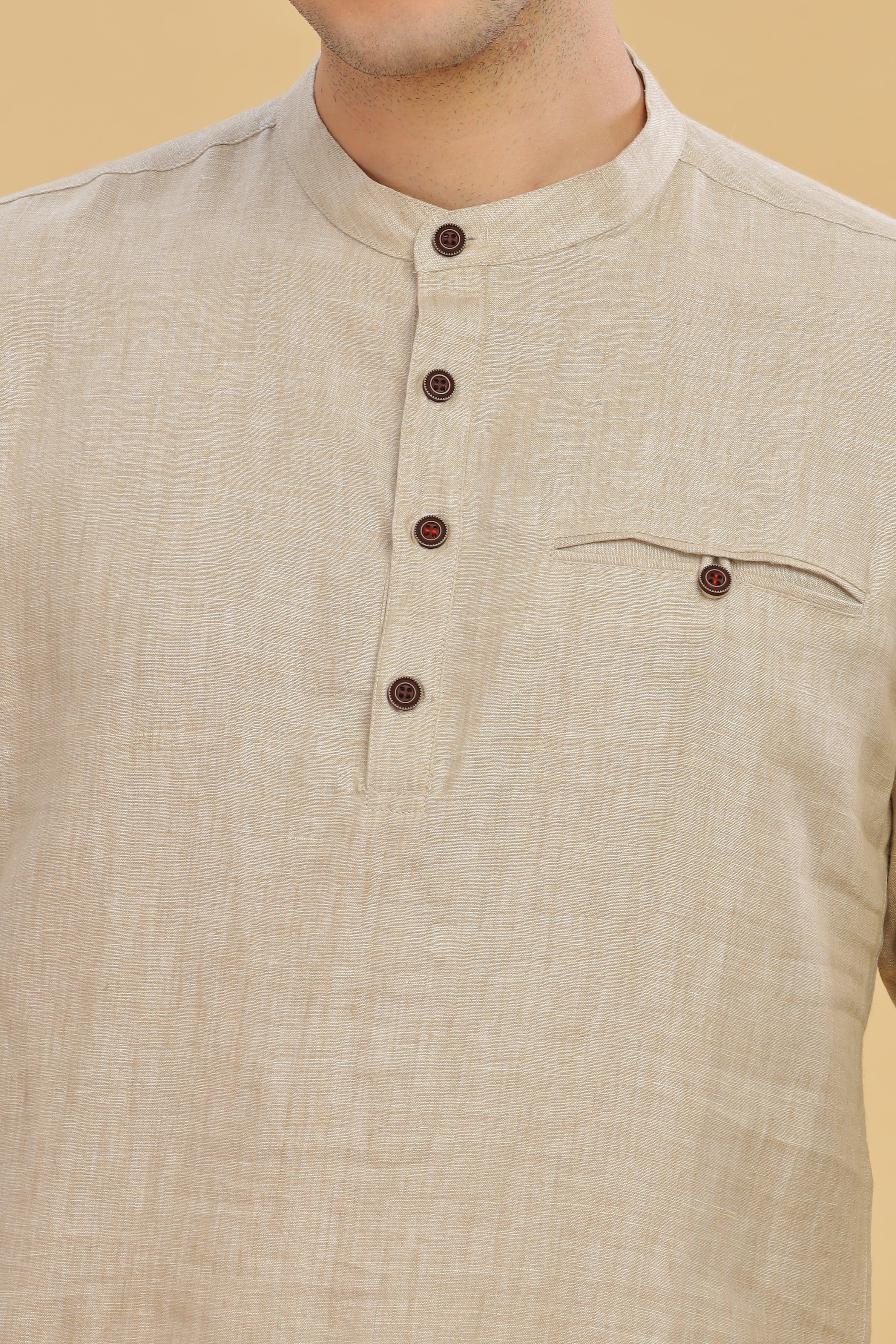 NILE Long Sleeves - 100% Pure Linen Half Placket Latte Shirt