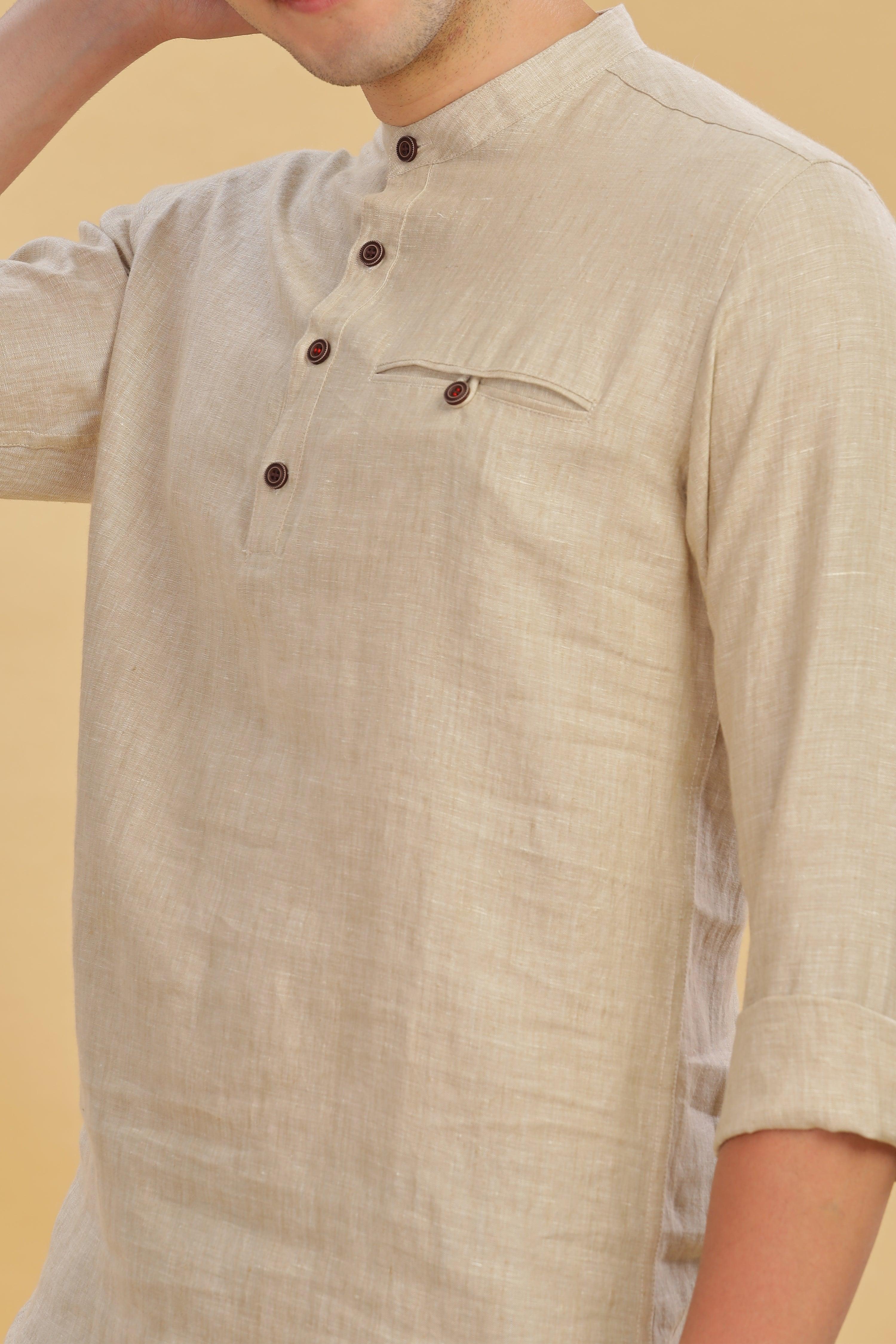 NILE Long Sleeves - 100% Pure Linen Half Placket Latte Shirt