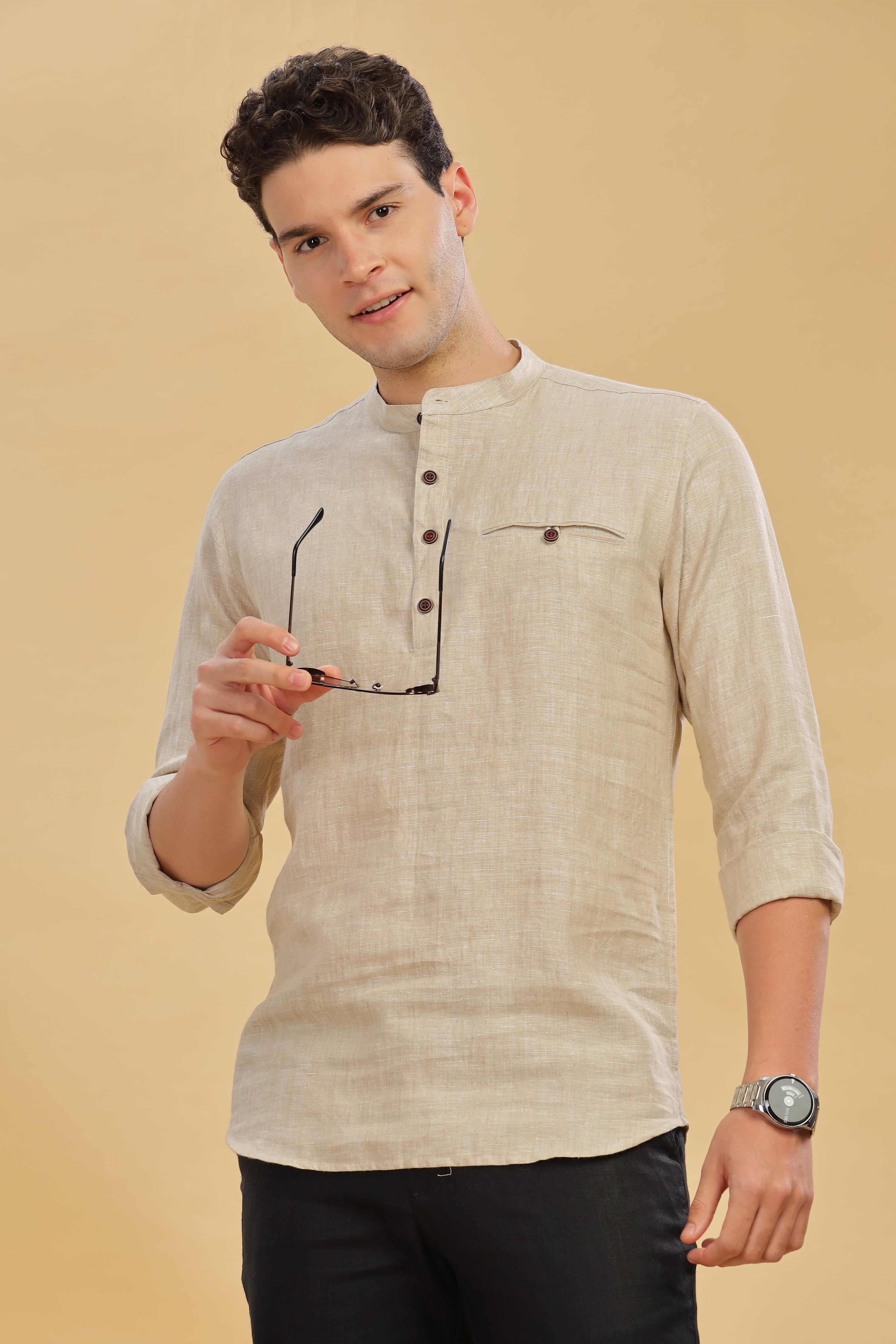 NILE Long Sleeves - 100% Pure Linen Half Placket Latte Shirt