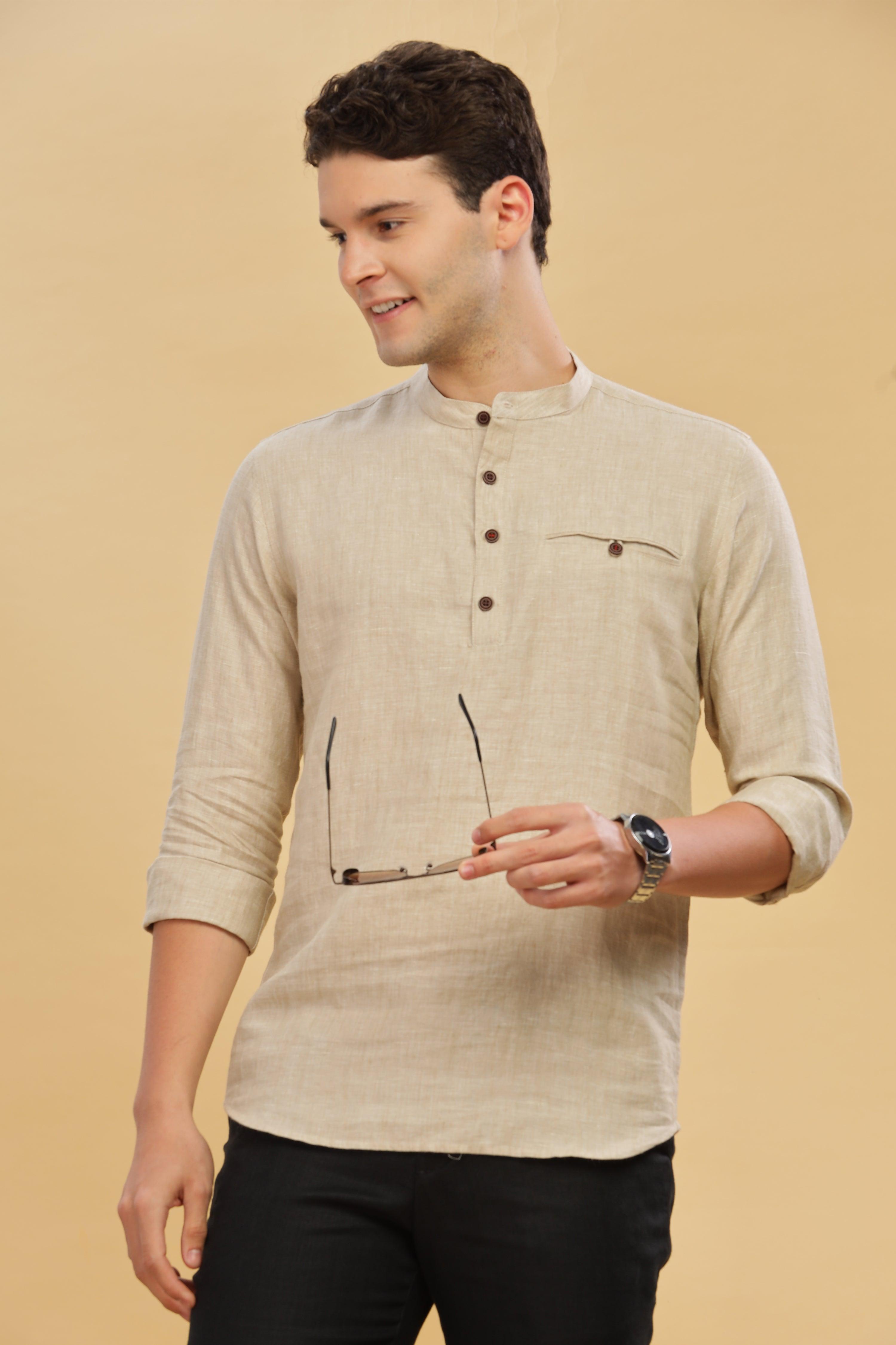 NILE Long Sleeves - 100% Pure Linen Half Placket Latte Shirt