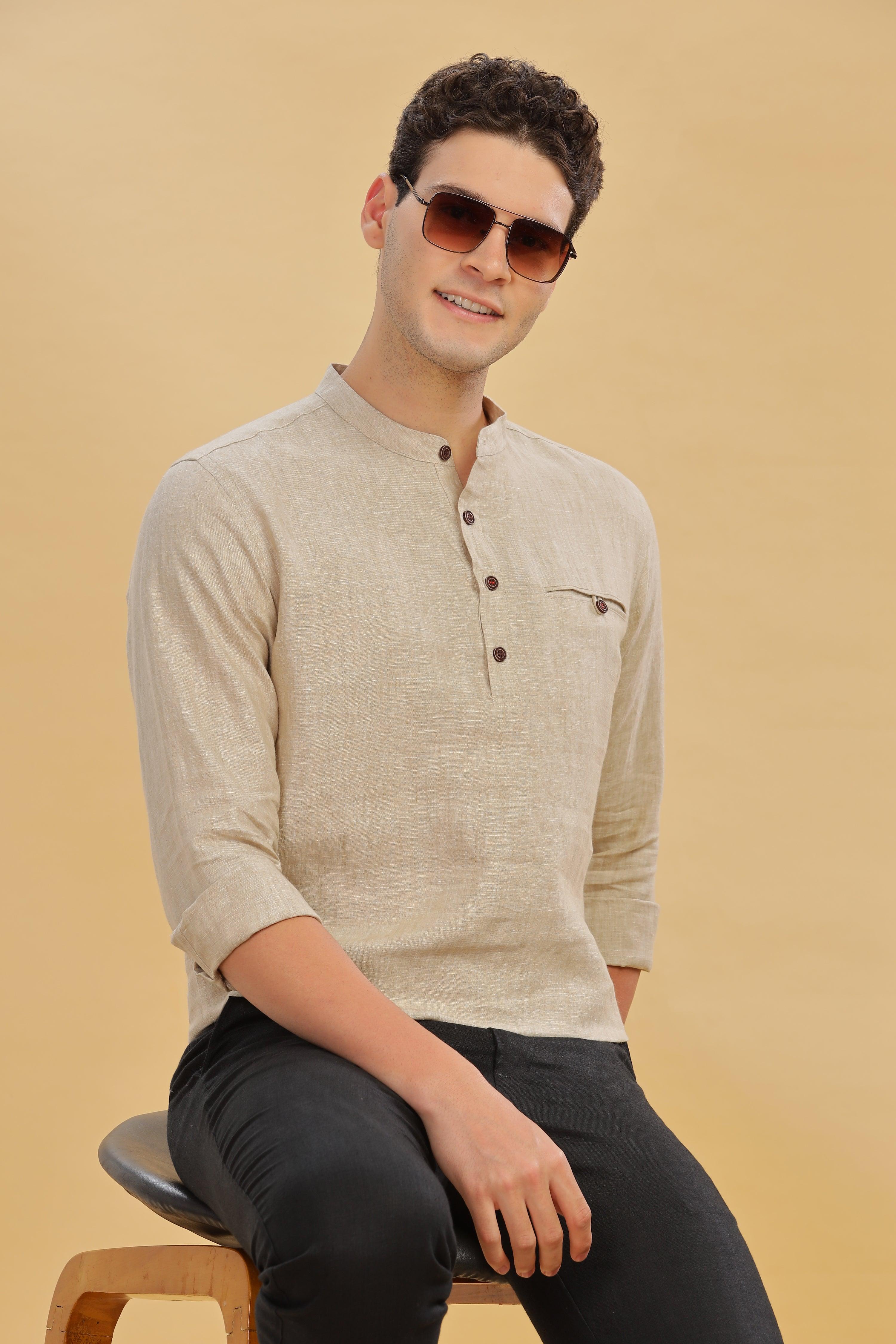NILE Long Sleeves - 100% Pure Linen Half Placket Latte Shirt