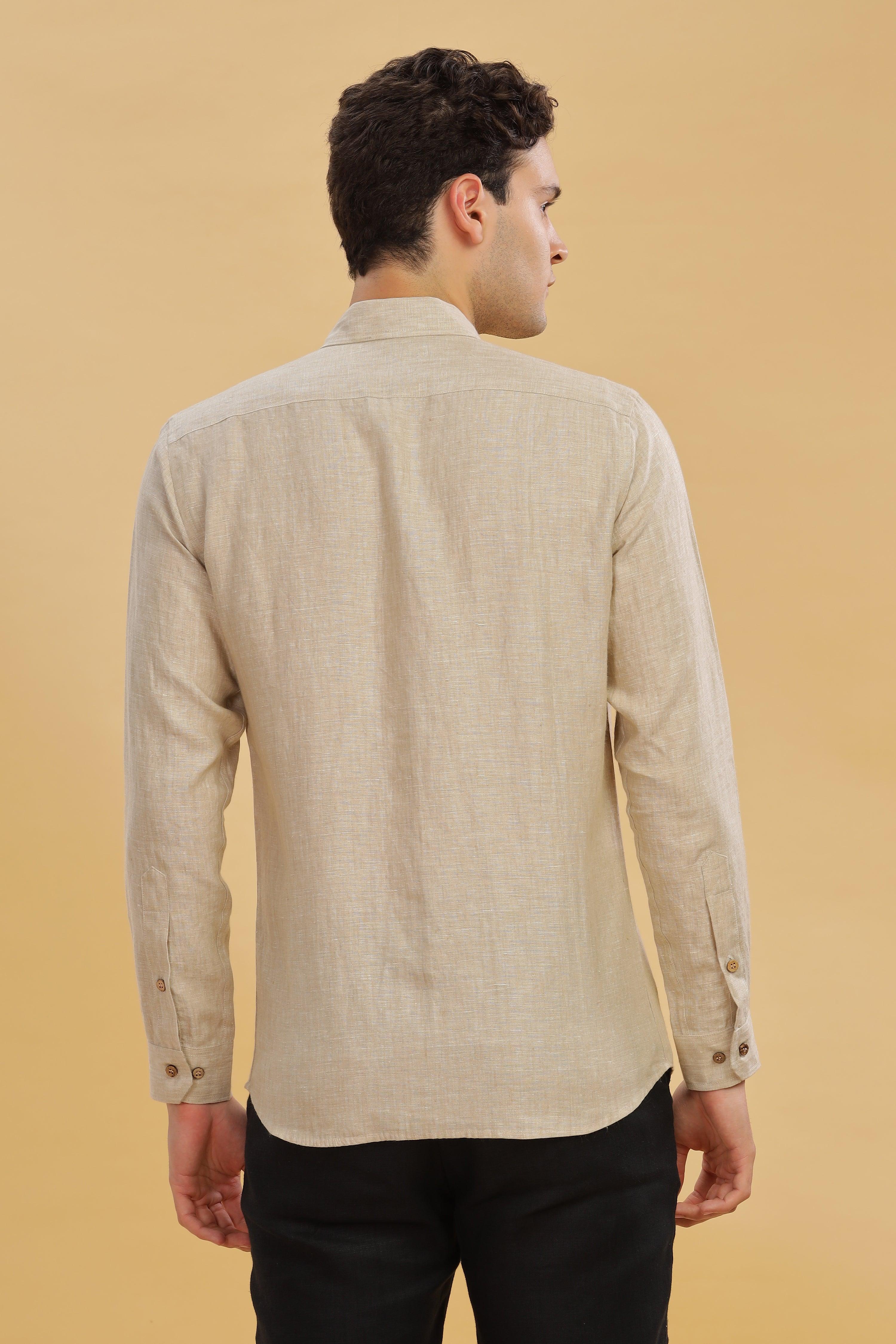 MARK Long Sleeves -100% Pure Linen Regular Collar Latte Shirt