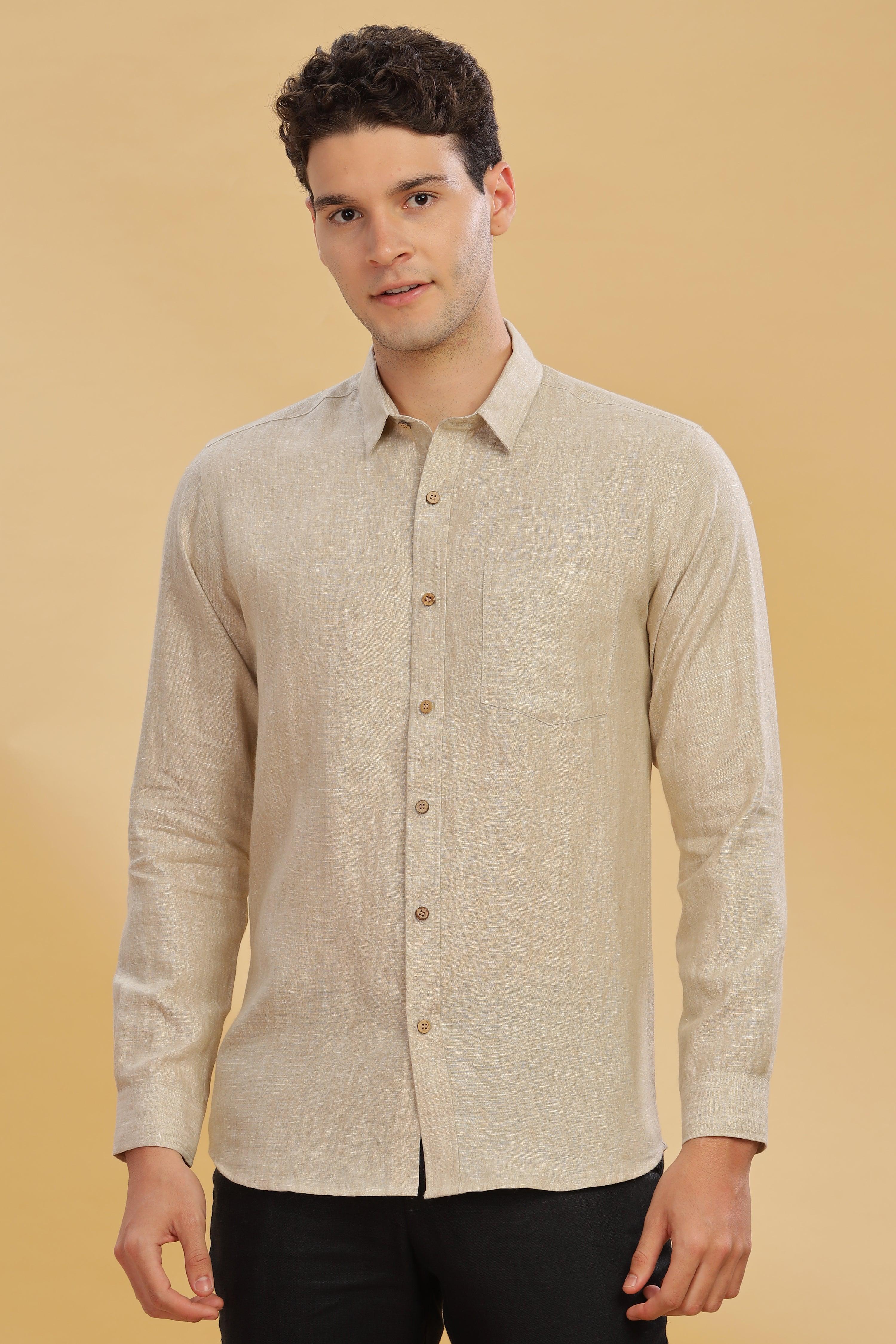 MARK Long Sleeves -100% Pure Linen Regular Collar Latte Shirt