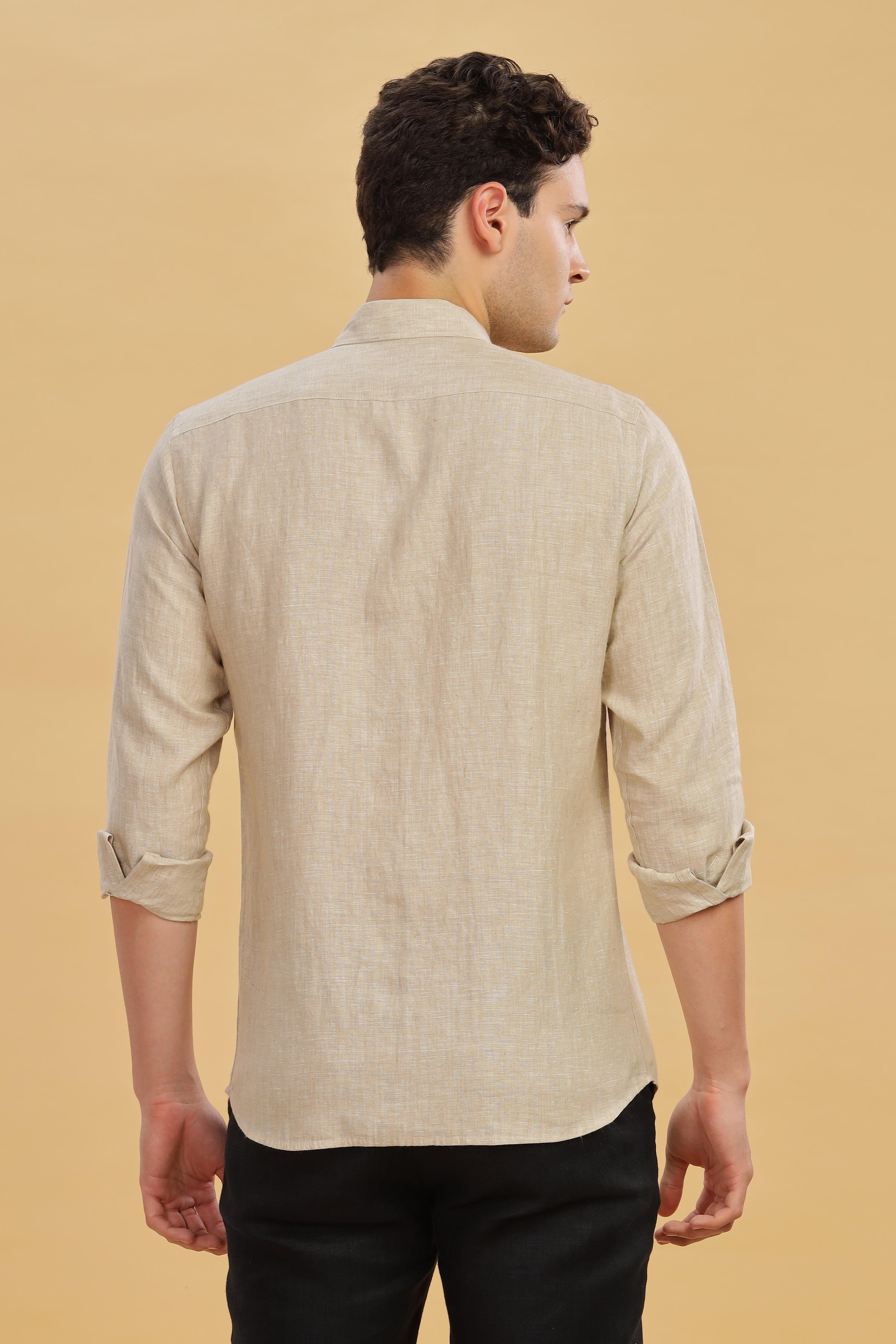 MARK Long Sleeves -100% Pure Linen Regular Collar Latte Shirt