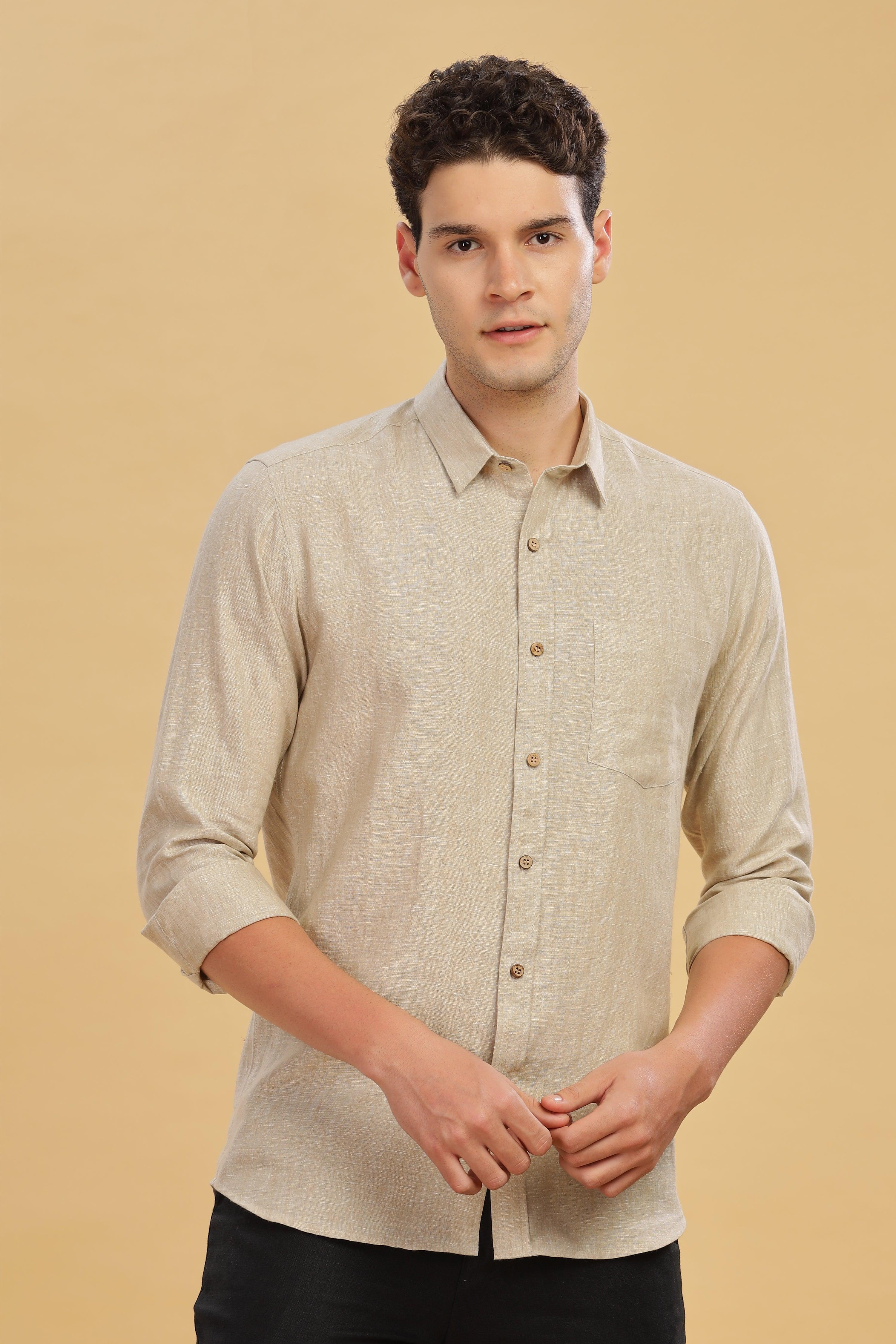 MARK Long Sleeves -100% Pure Linen Regular Collar Latte Shirt