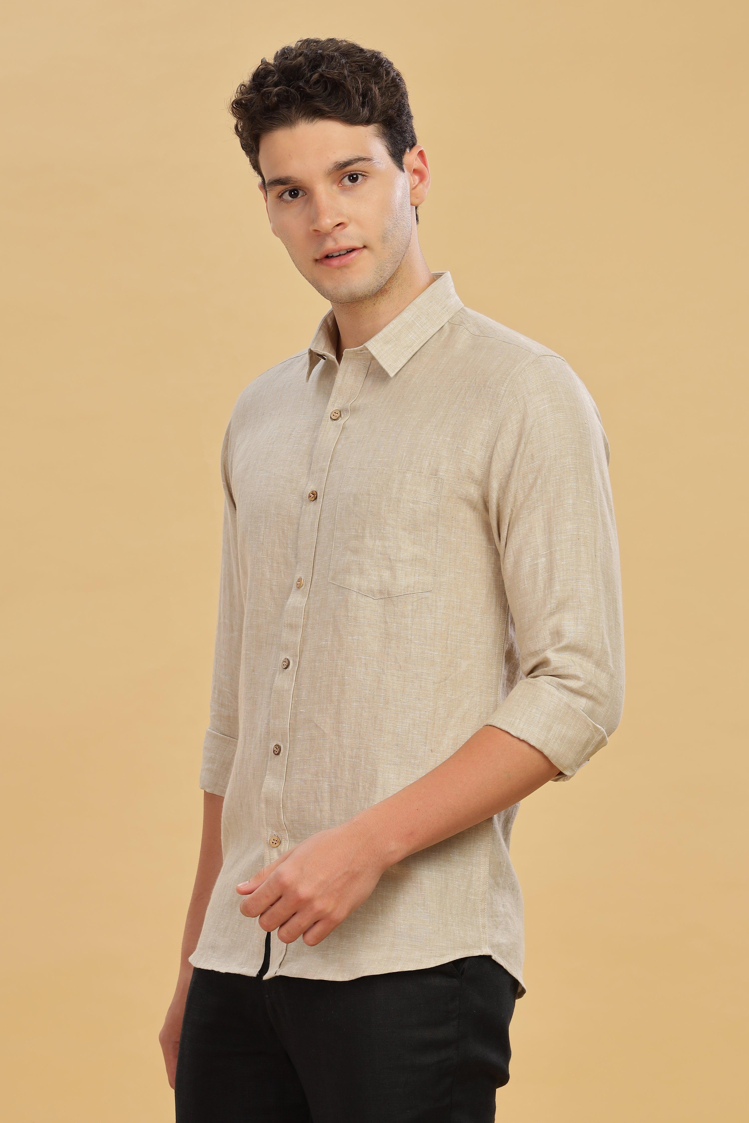 MARK Long Sleeves -100% Pure Linen Regular Collar Latte Shirt