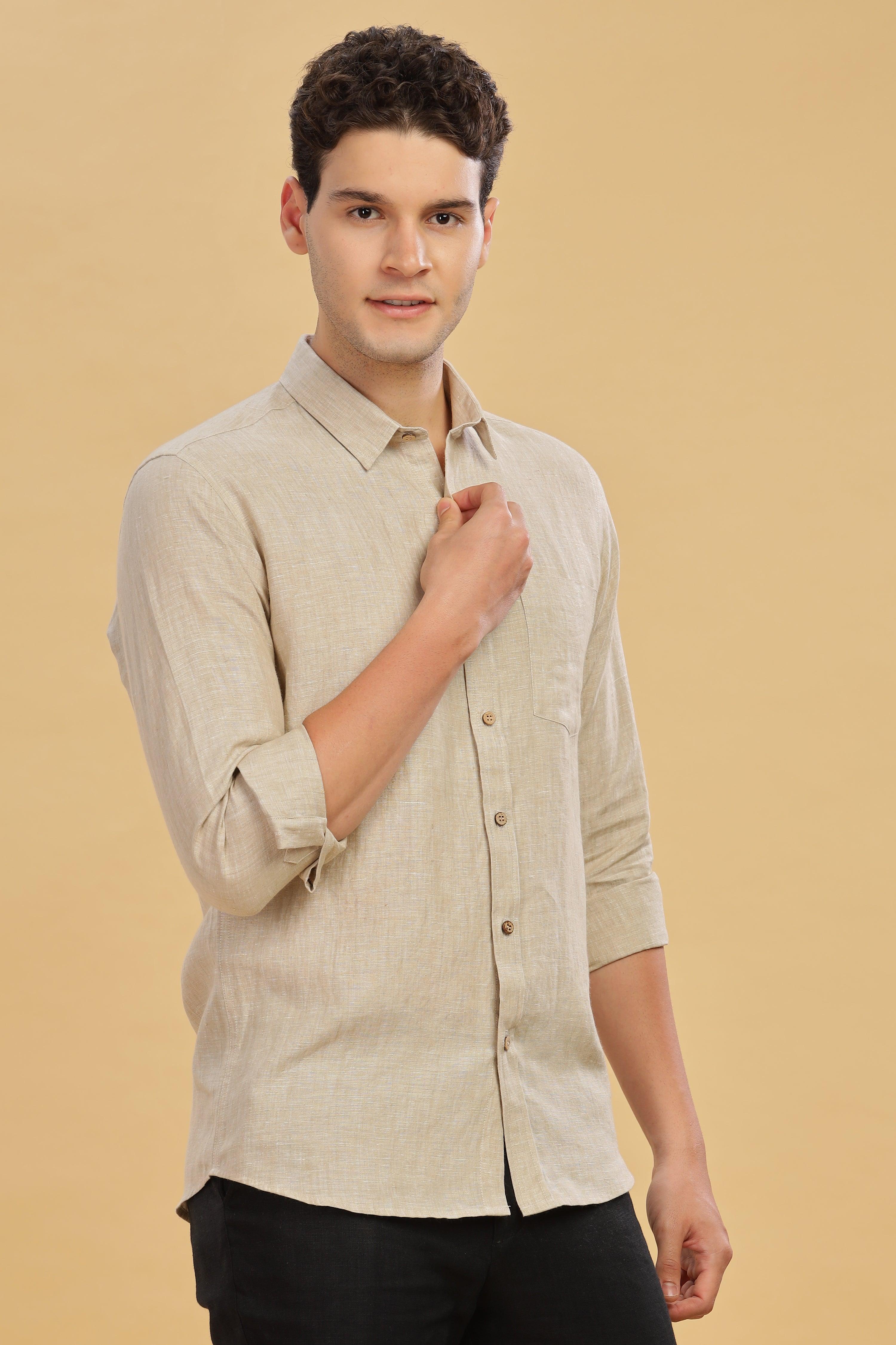 MARK Long Sleeves -100% Pure Linen Regular Collar Latte Shirt