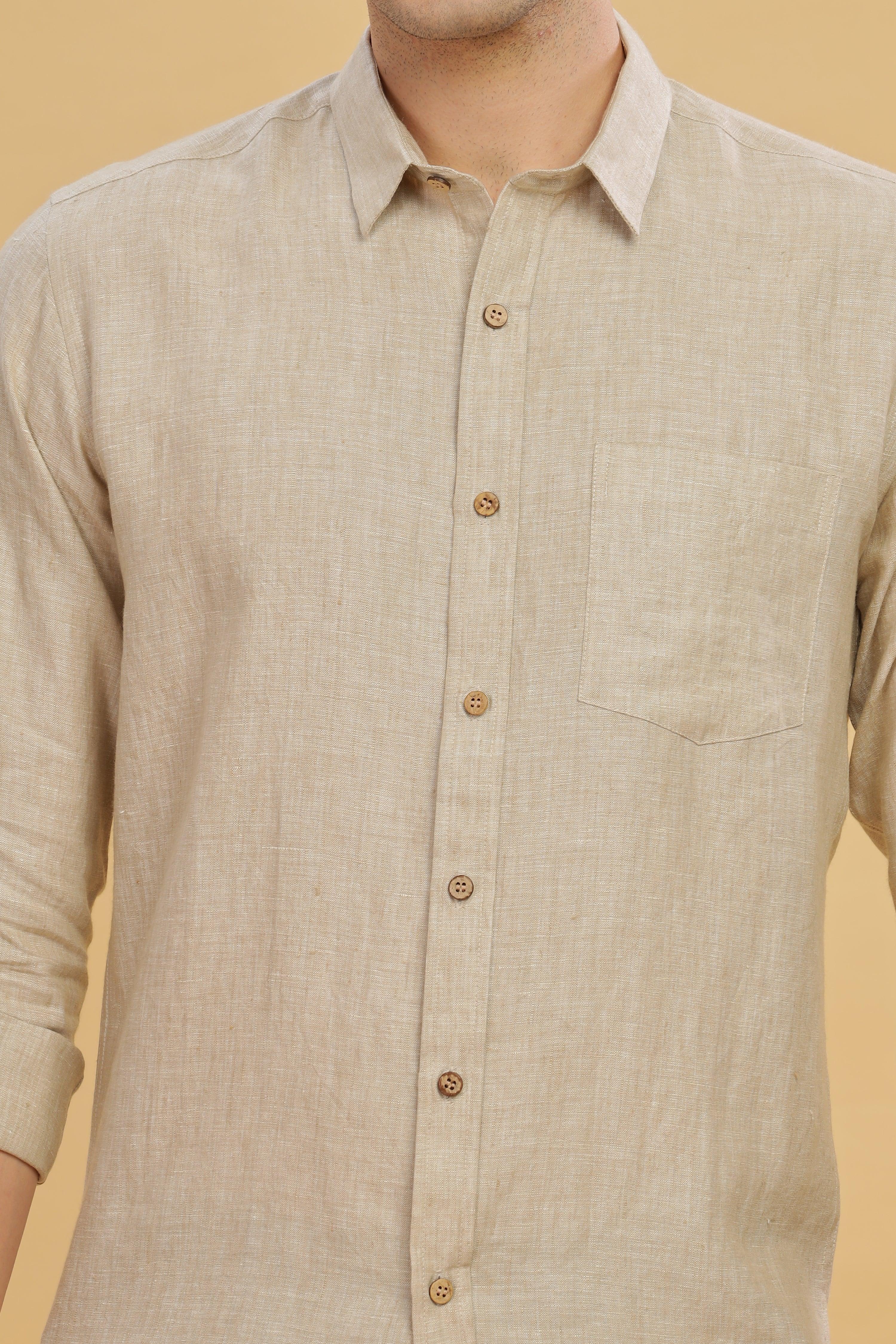 MARK Long Sleeves -100% Pure Linen Regular Collar Latte Shirt