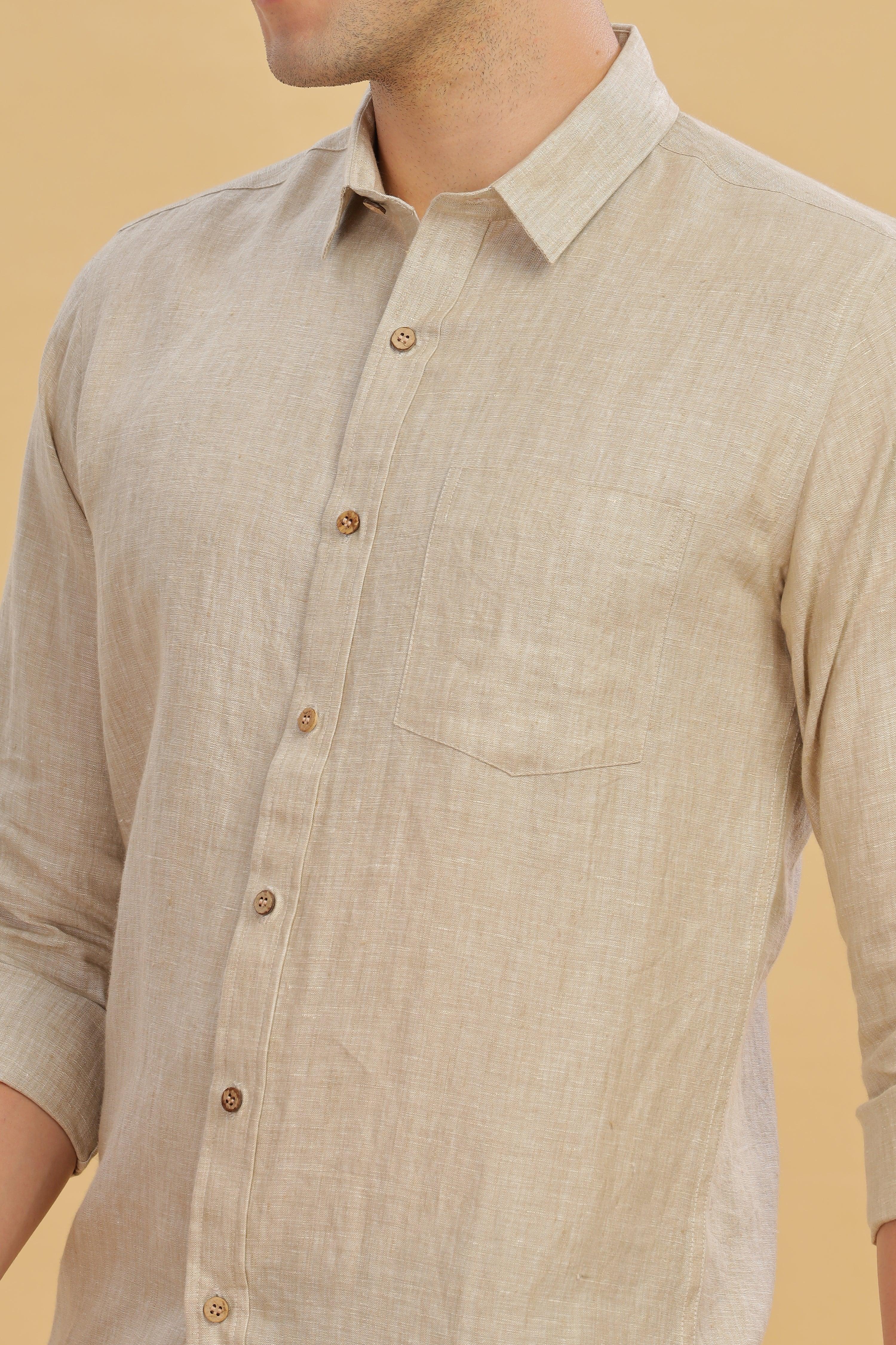 MARK Long Sleeves -100% Pure Linen Regular Collar Latte Shirt