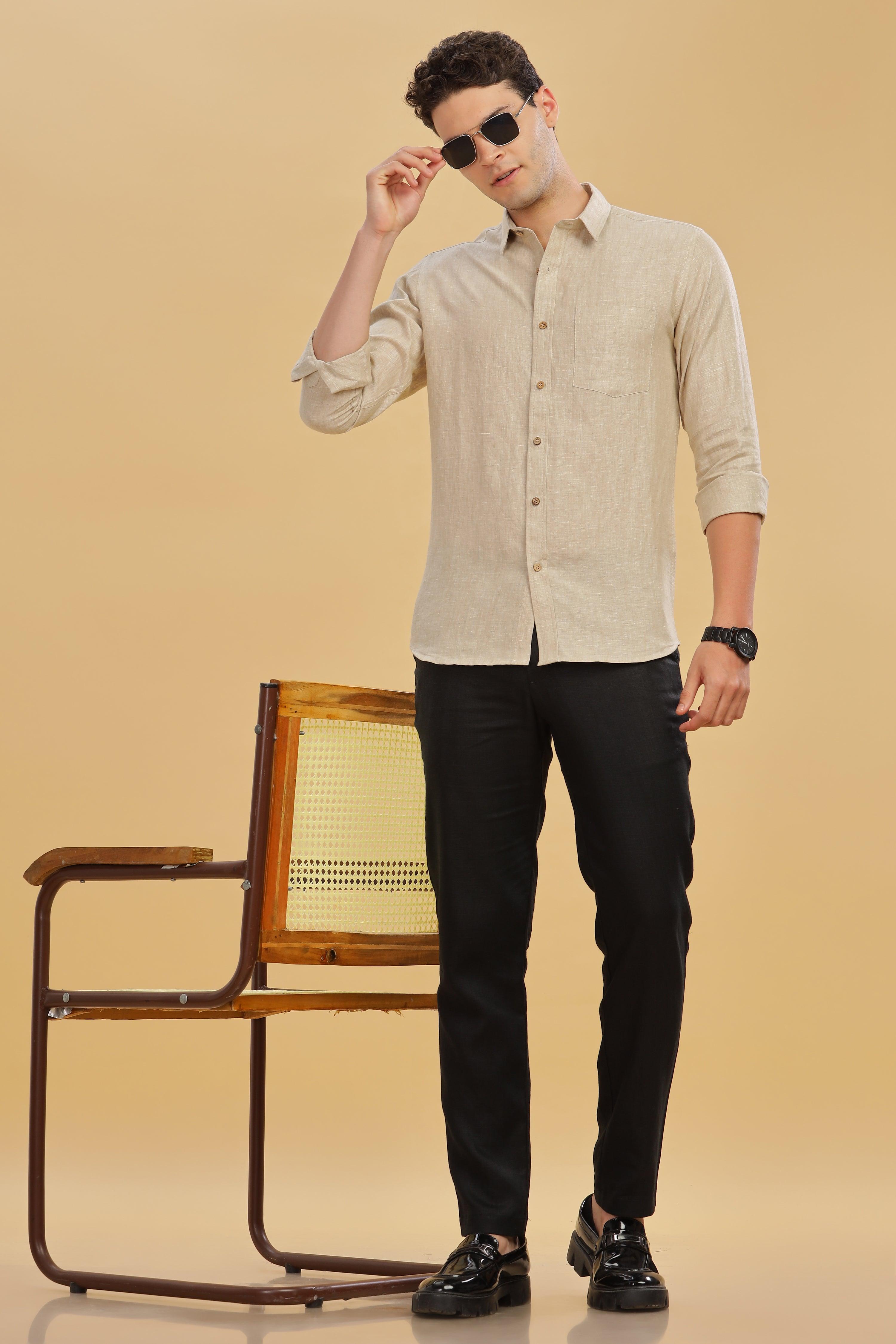 MARK Long Sleeves -100% Pure Linen Regular Collar Latte Shirt