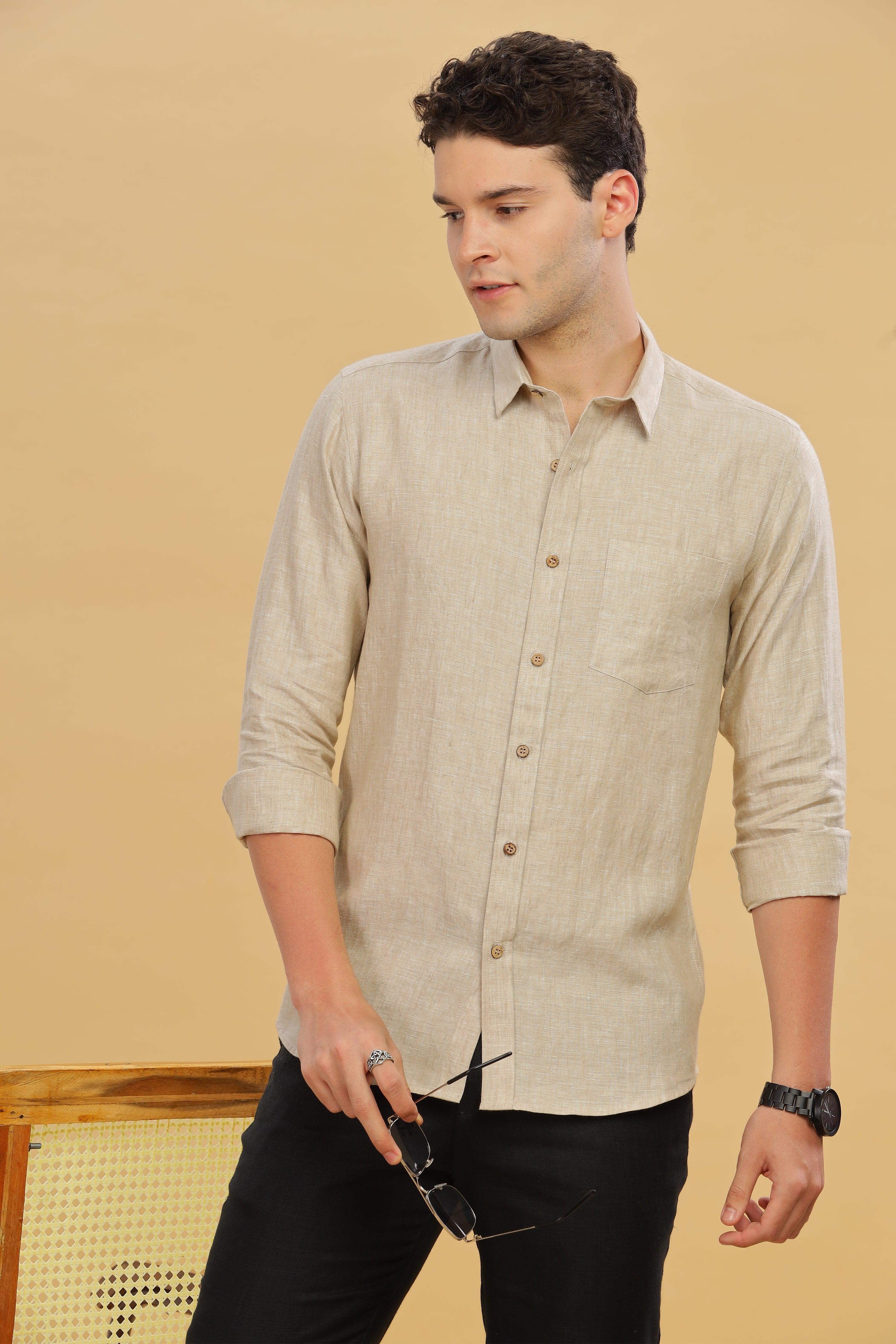 MARK Long Sleeves -100% Pure Linen Regular Collar Latte Shirt