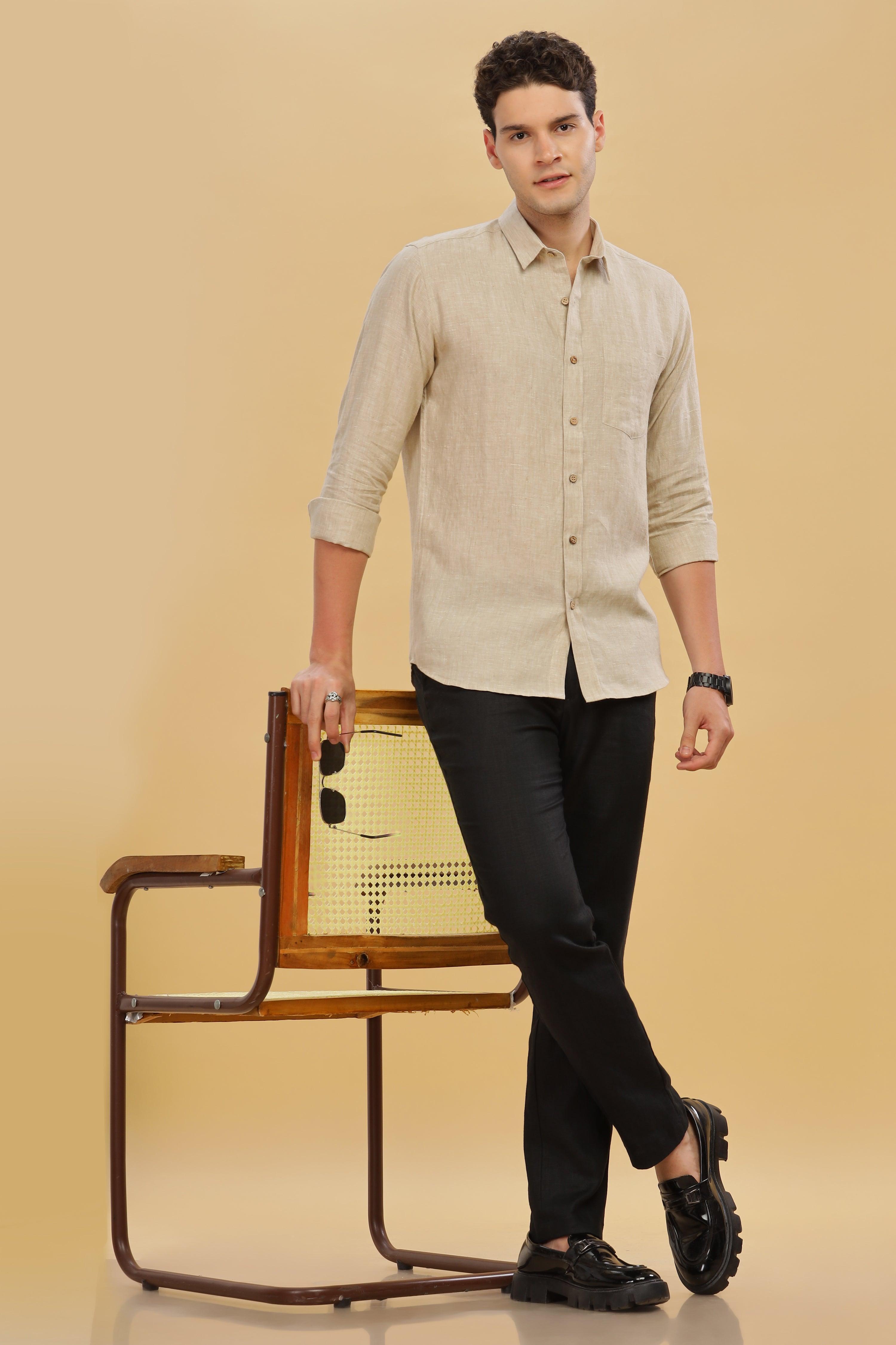 MARK Long Sleeves -100% Pure Linen Regular Collar Latte Shirt