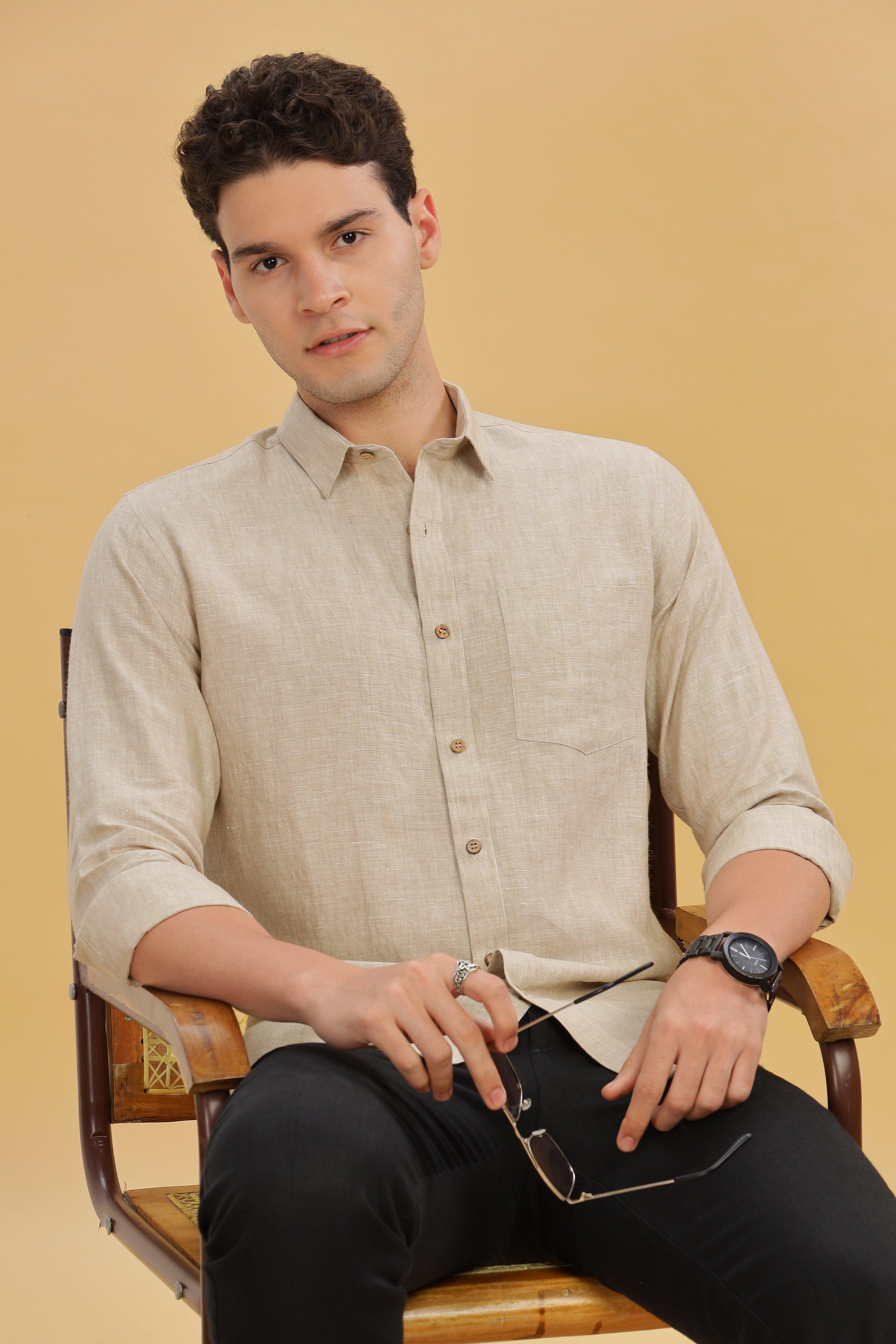 MARK Long Sleeves -100% Pure Linen Regular Collar Latte Shirt