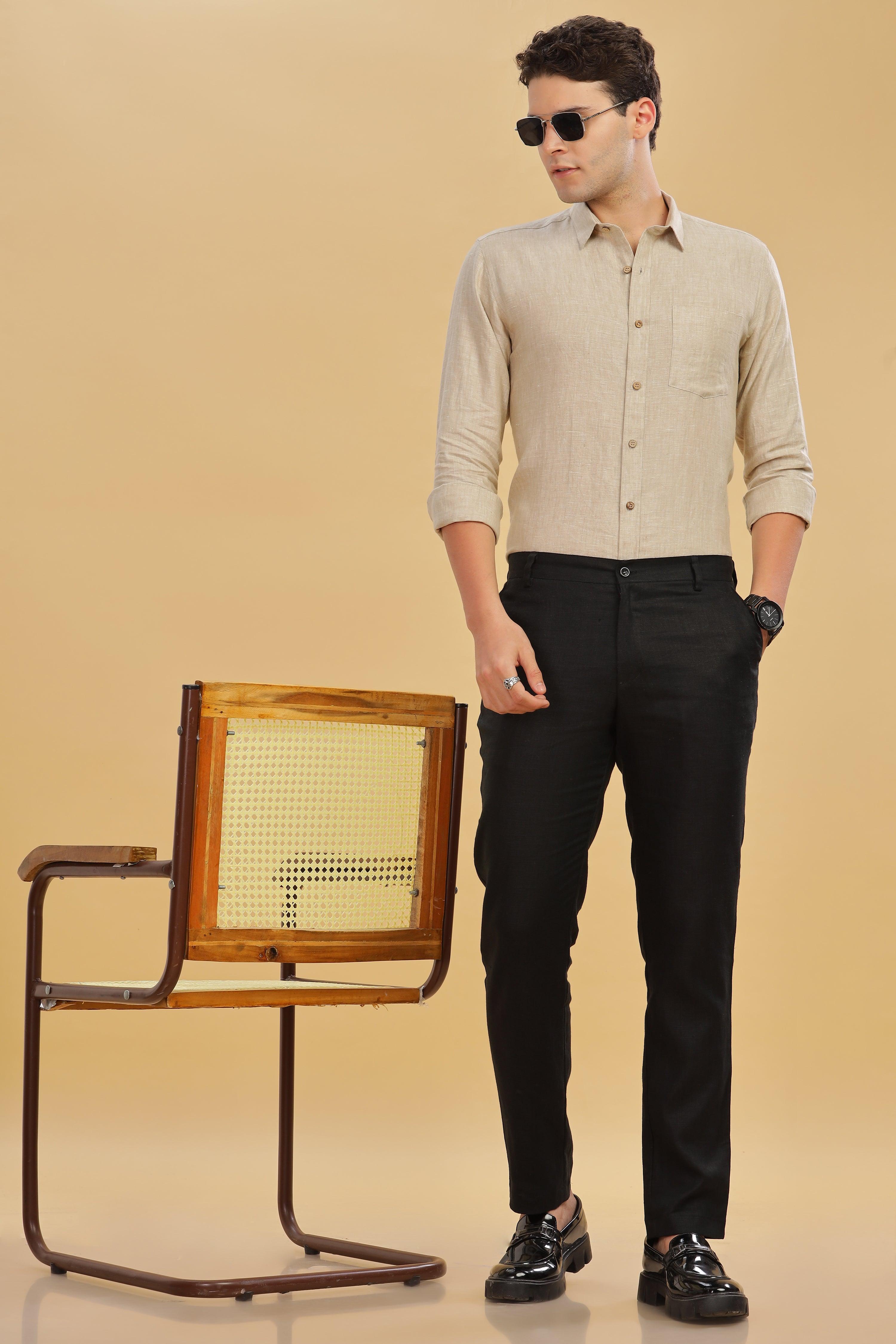 MARK Long Sleeves -100% Pure Linen Regular Collar Latte Shirt