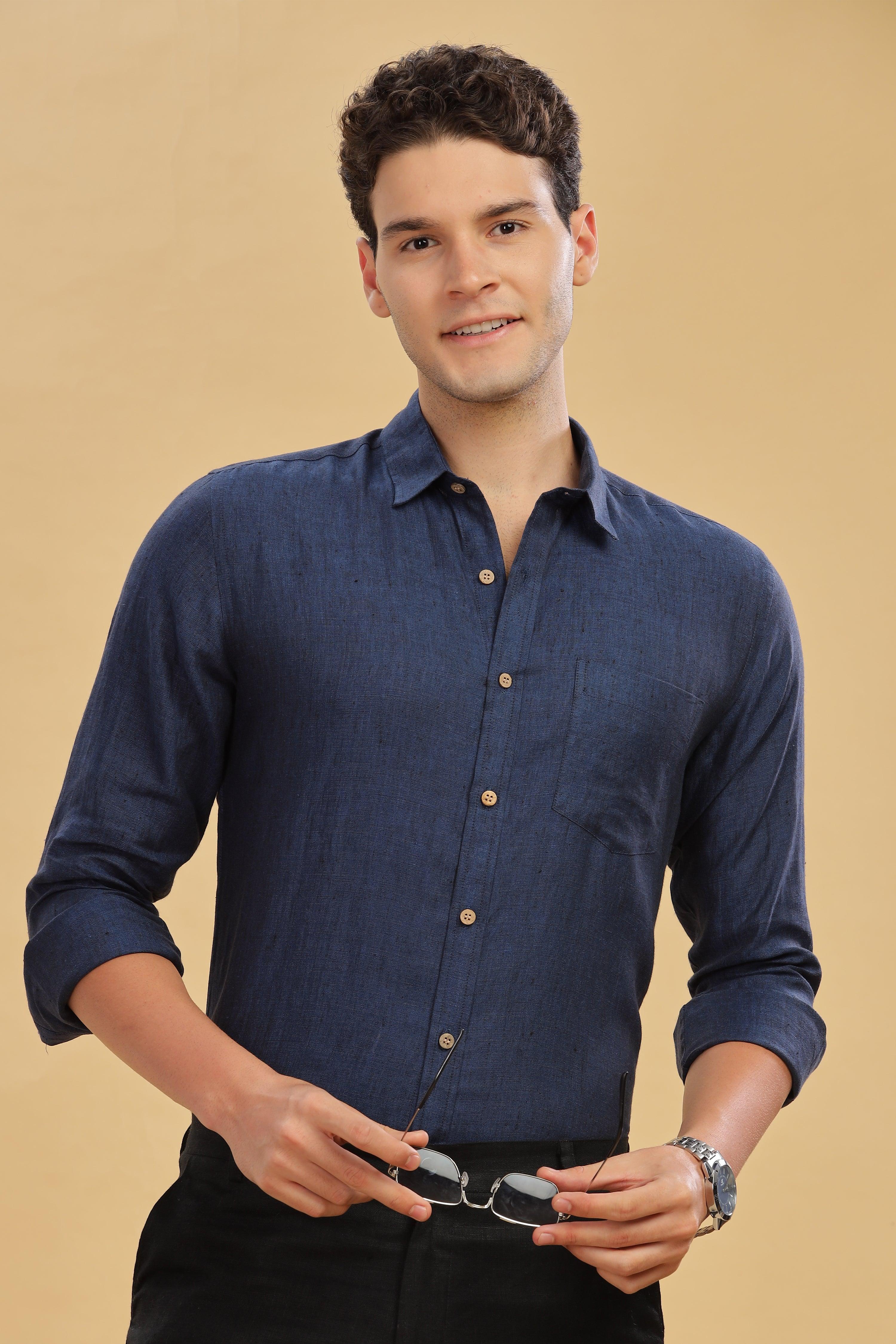 MARK Long Sleeves -100% Pure Linen Regular Collar Dark Blue Chambray Shirt