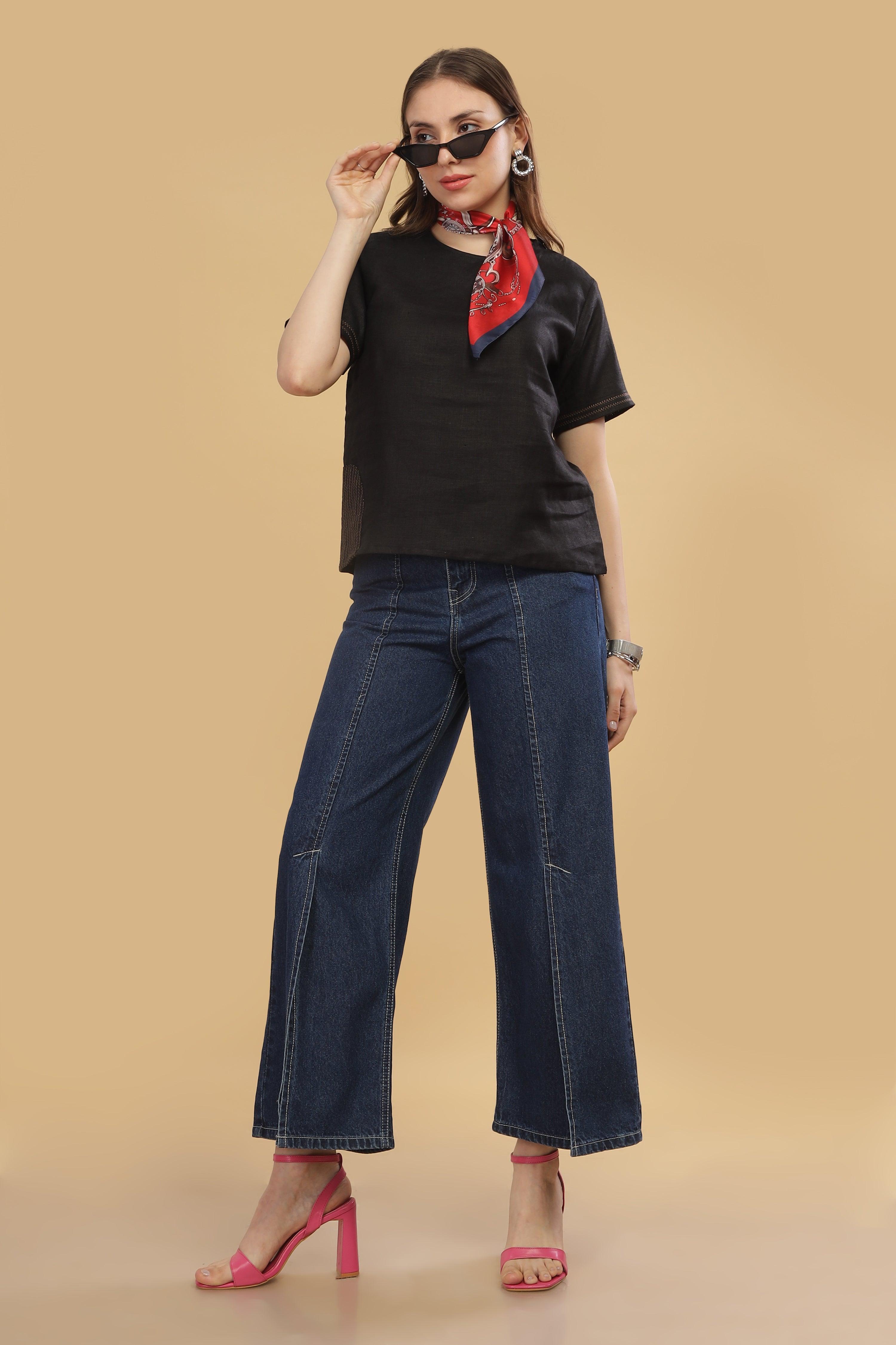 CLAIRE - 100%  Pure Linen Black T-Shirt With Embroidered Stitch Details