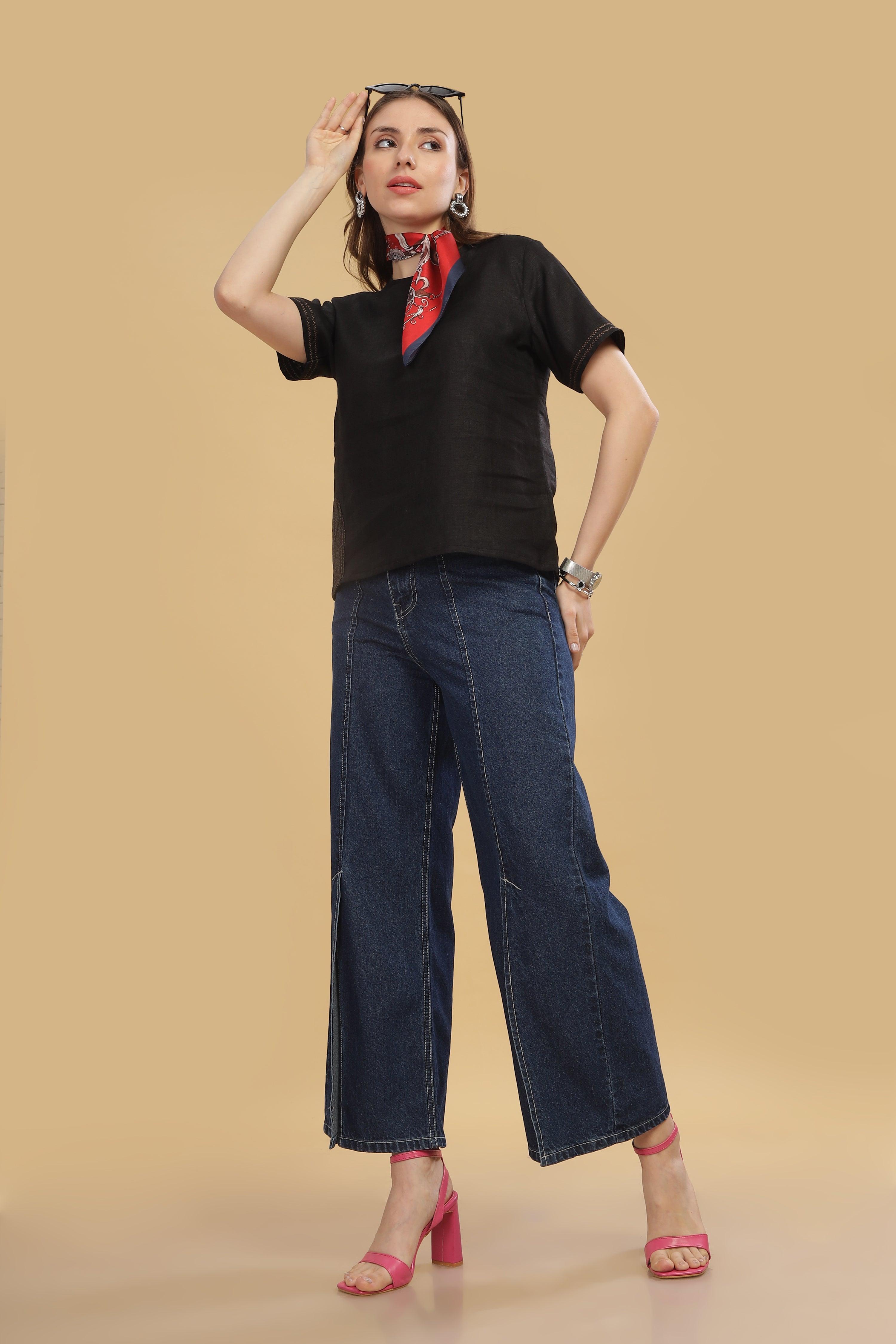 CLAIRE - 100%  Pure Linen Black T-Shirt With Embroidered Stitch Details