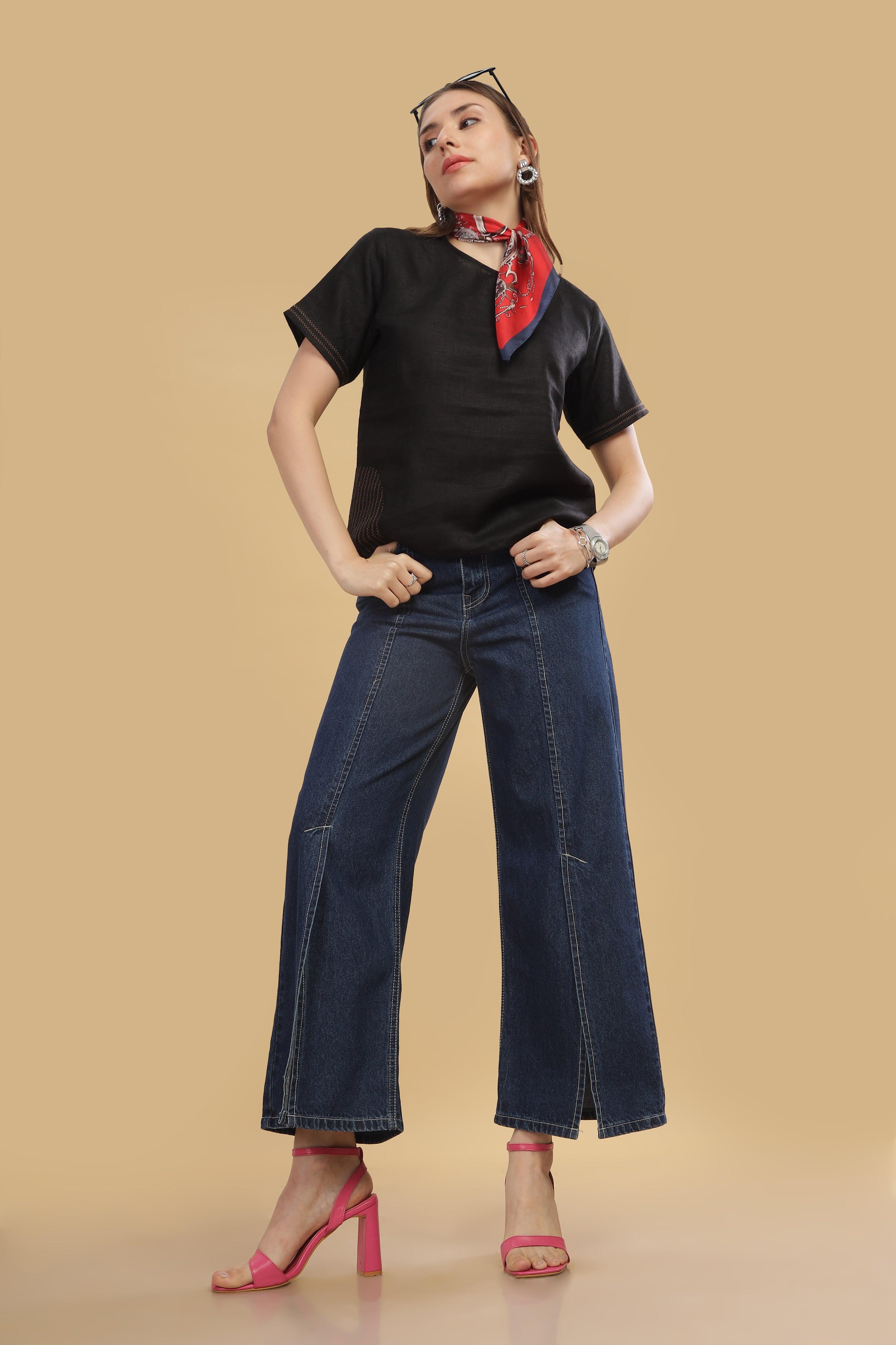 CLAIRE - 100% Pure Linen Black T-Shirt With Embroidered Stitch Details