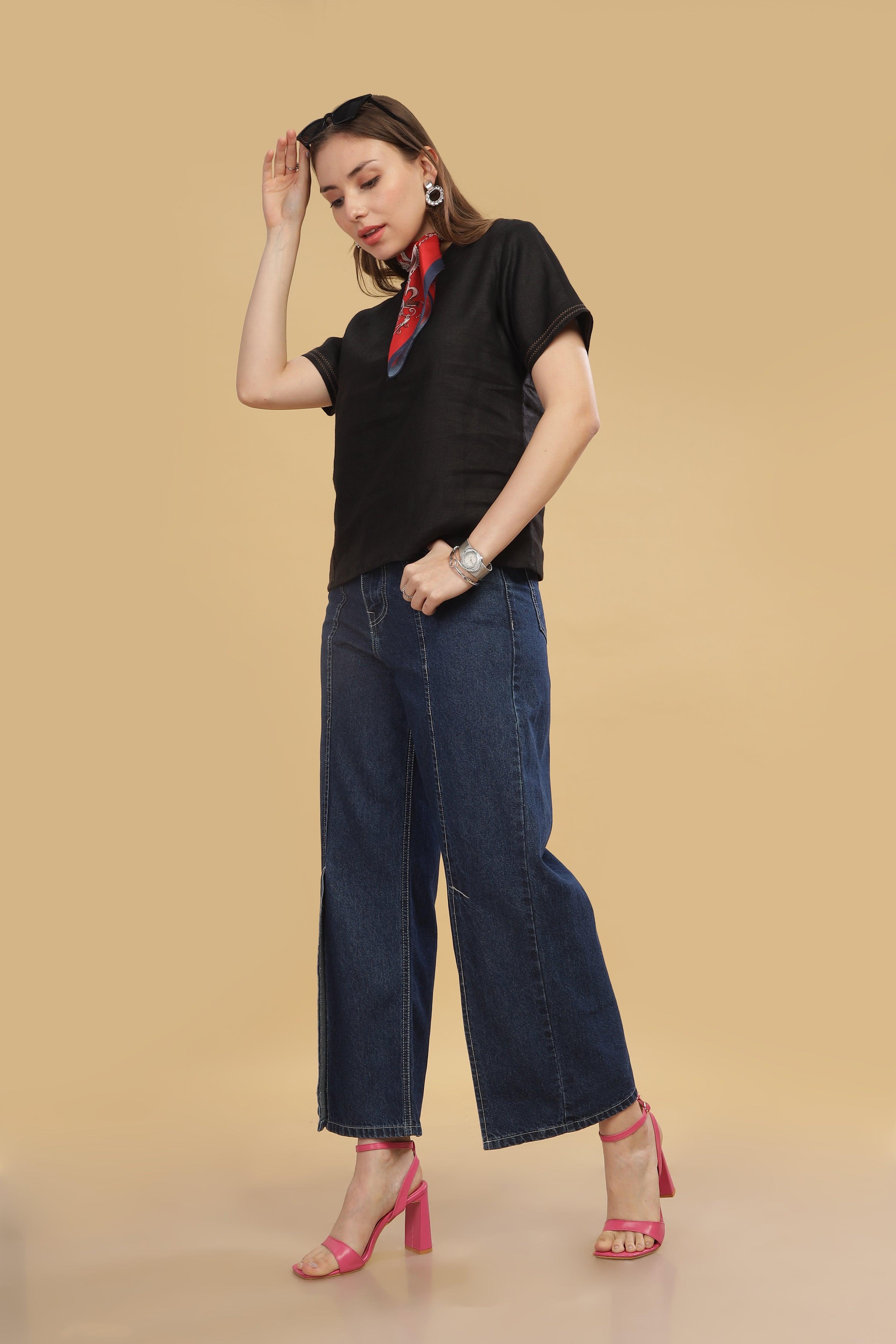 CLAIRE - 100% Pure Linen Black T-Shirt With Embroidered Stitch Details