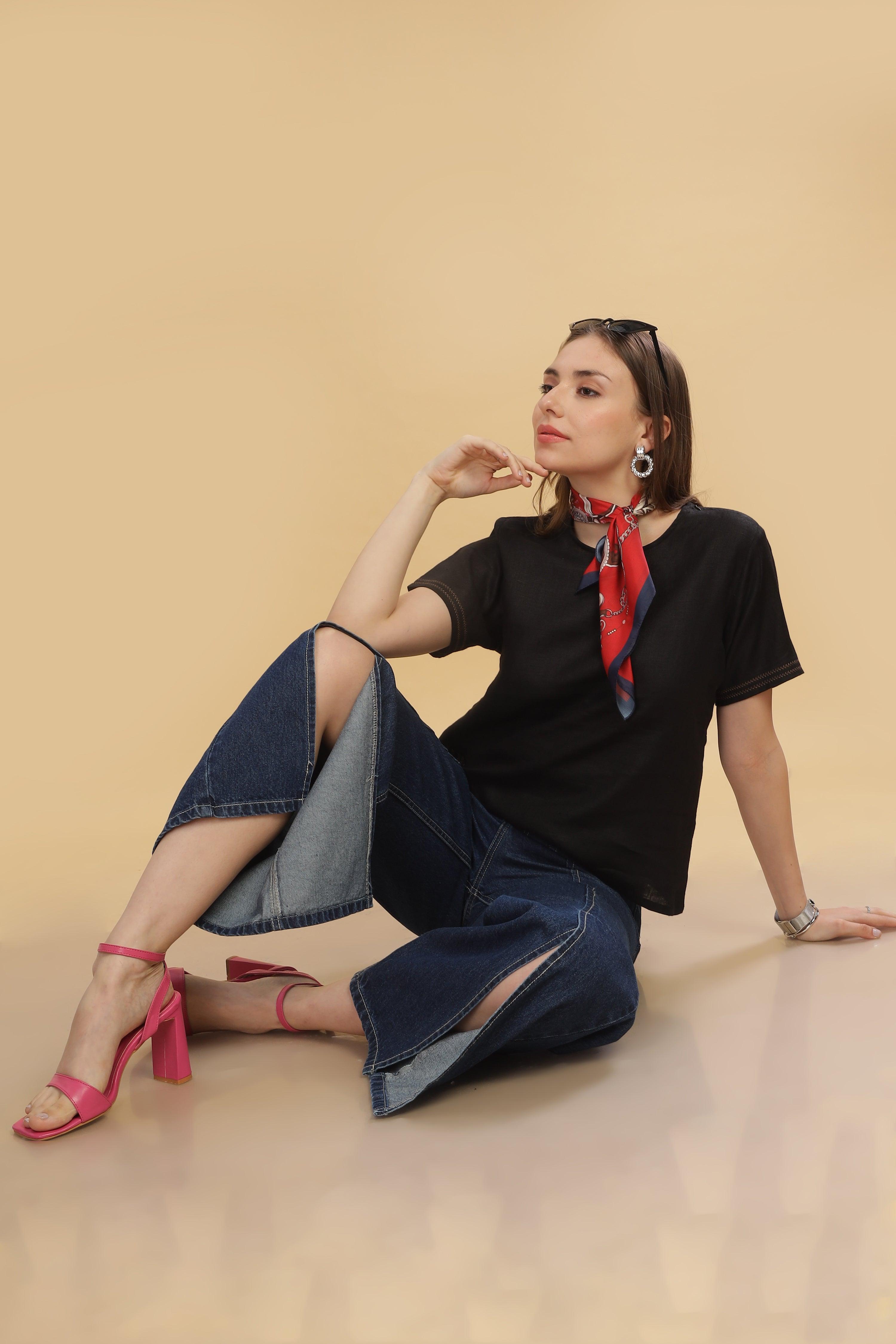 CLAIRE - 100% Pure Linen Black T-Shirt With Embroidered Stitch Details