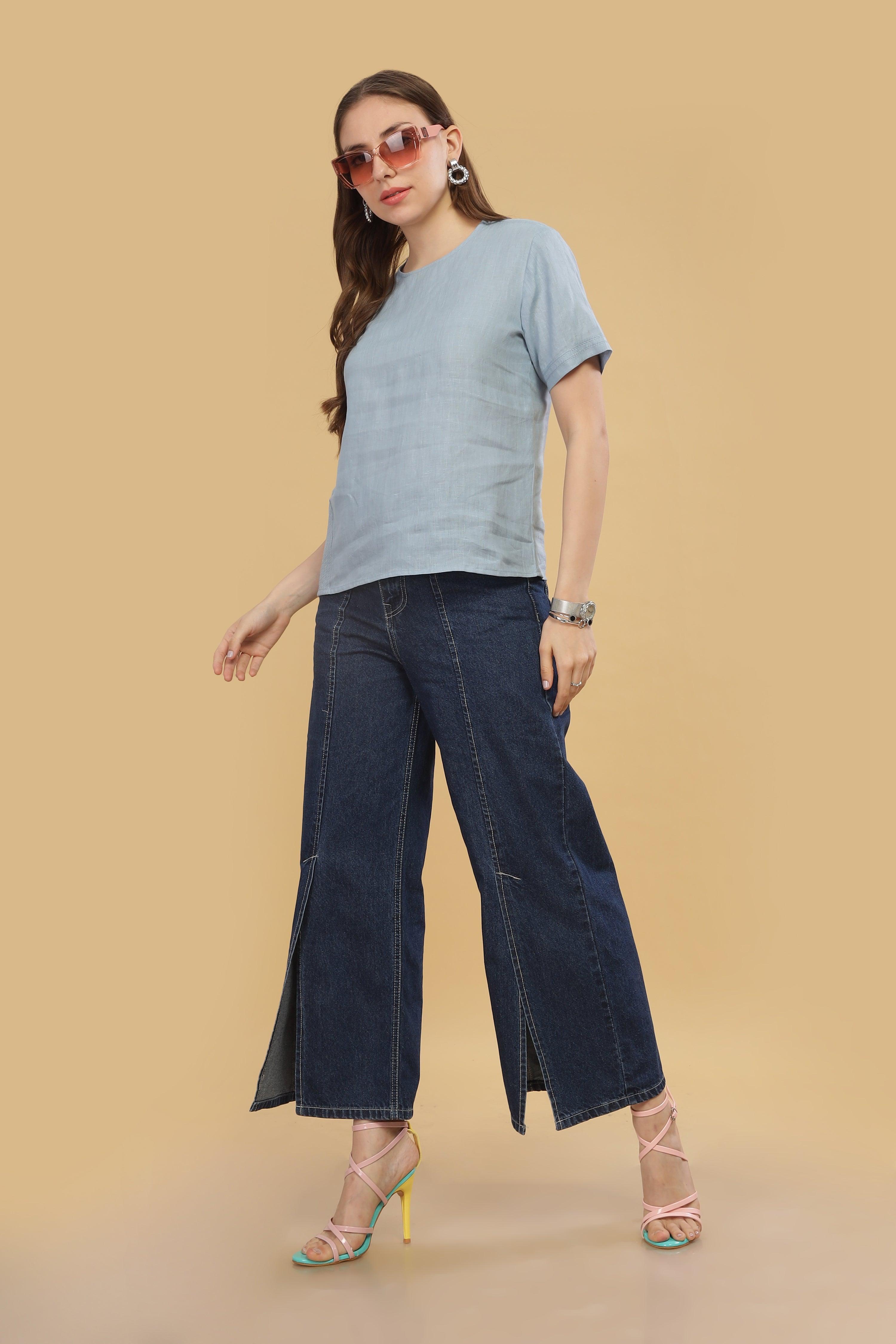 CLAIRE - 100%  Pure Linen Light Blue Grey T-Shirt With Embroidered Stitch Details