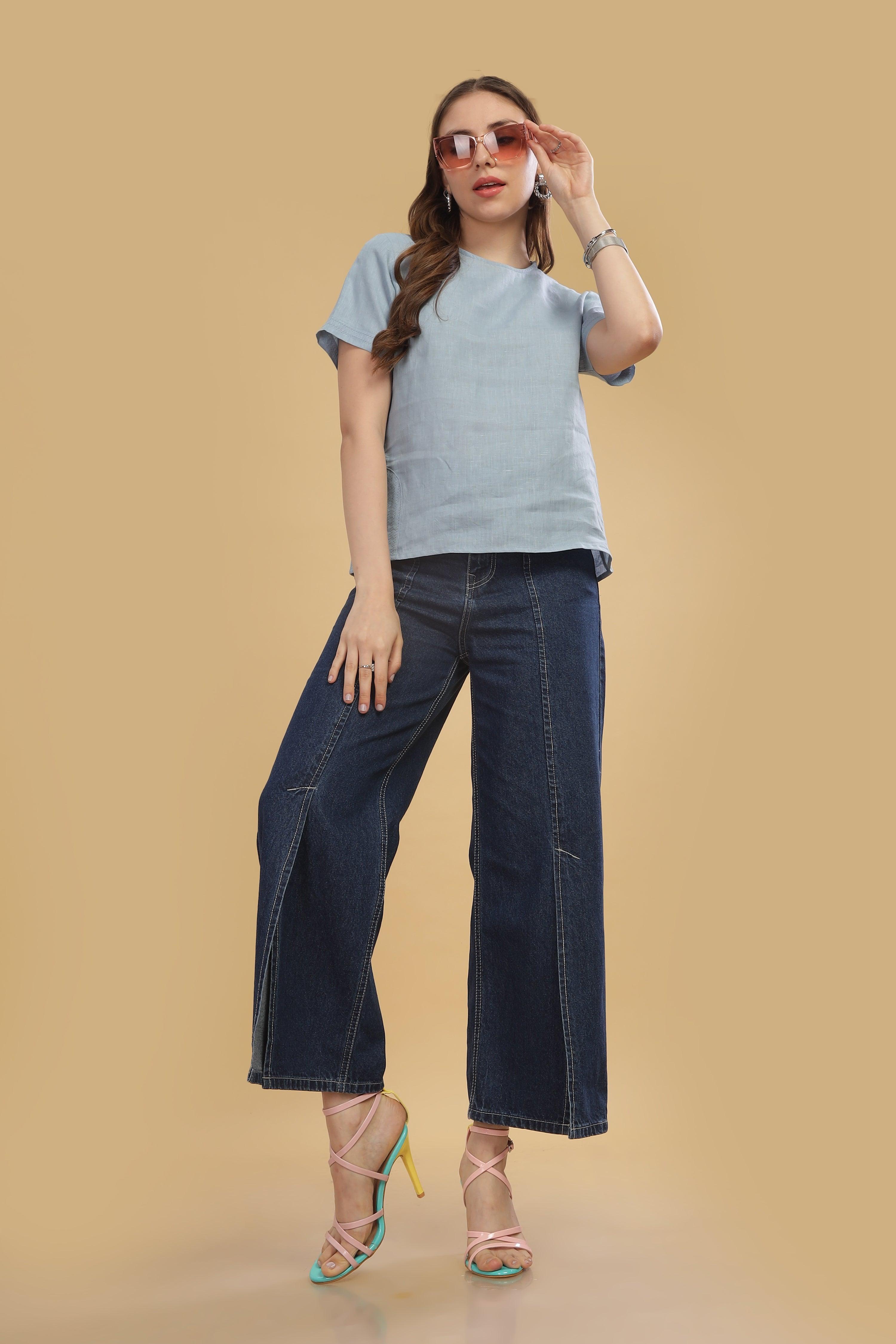 CLAIRE - 100%  Pure Linen Light Blue Grey T-Shirt With Embroidered Stitch Details
