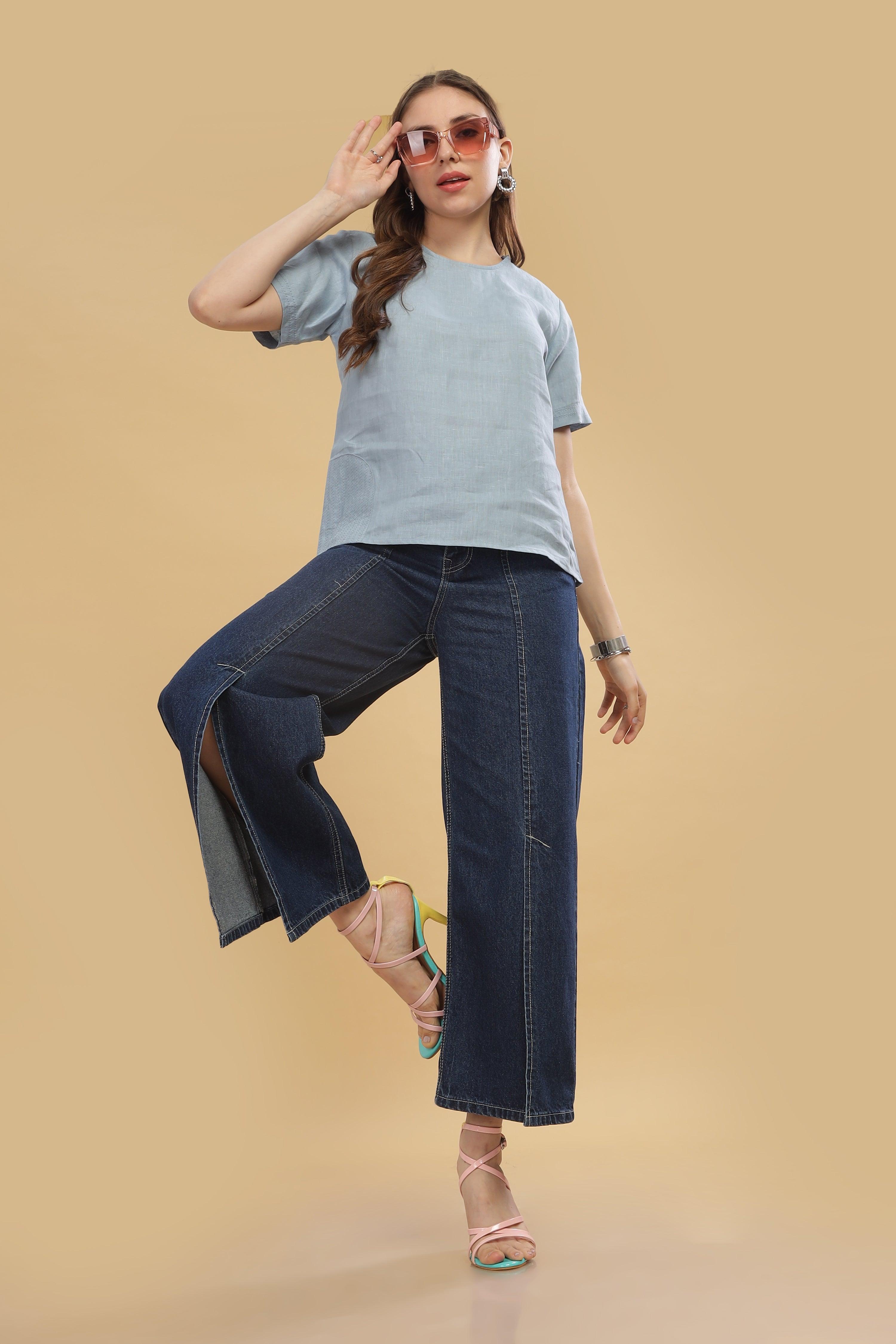 CLAIRE - 100% Pure Linen Light Blue Grey T-Shirt With Embroidered Stitch Details