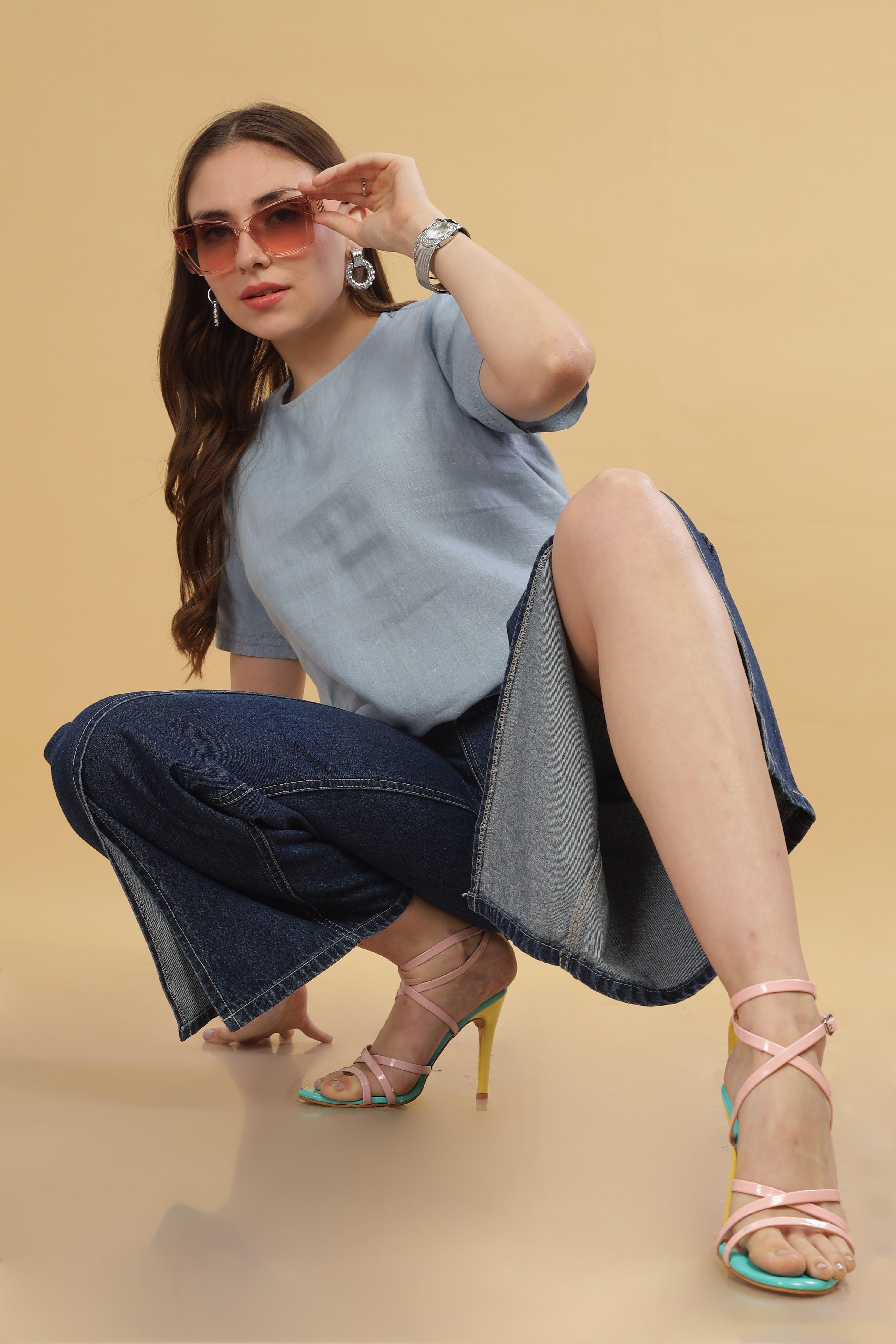 CLAIRE - 100% Pure Linen Light Blue Grey T-Shirt With Embroidered Stitch Details